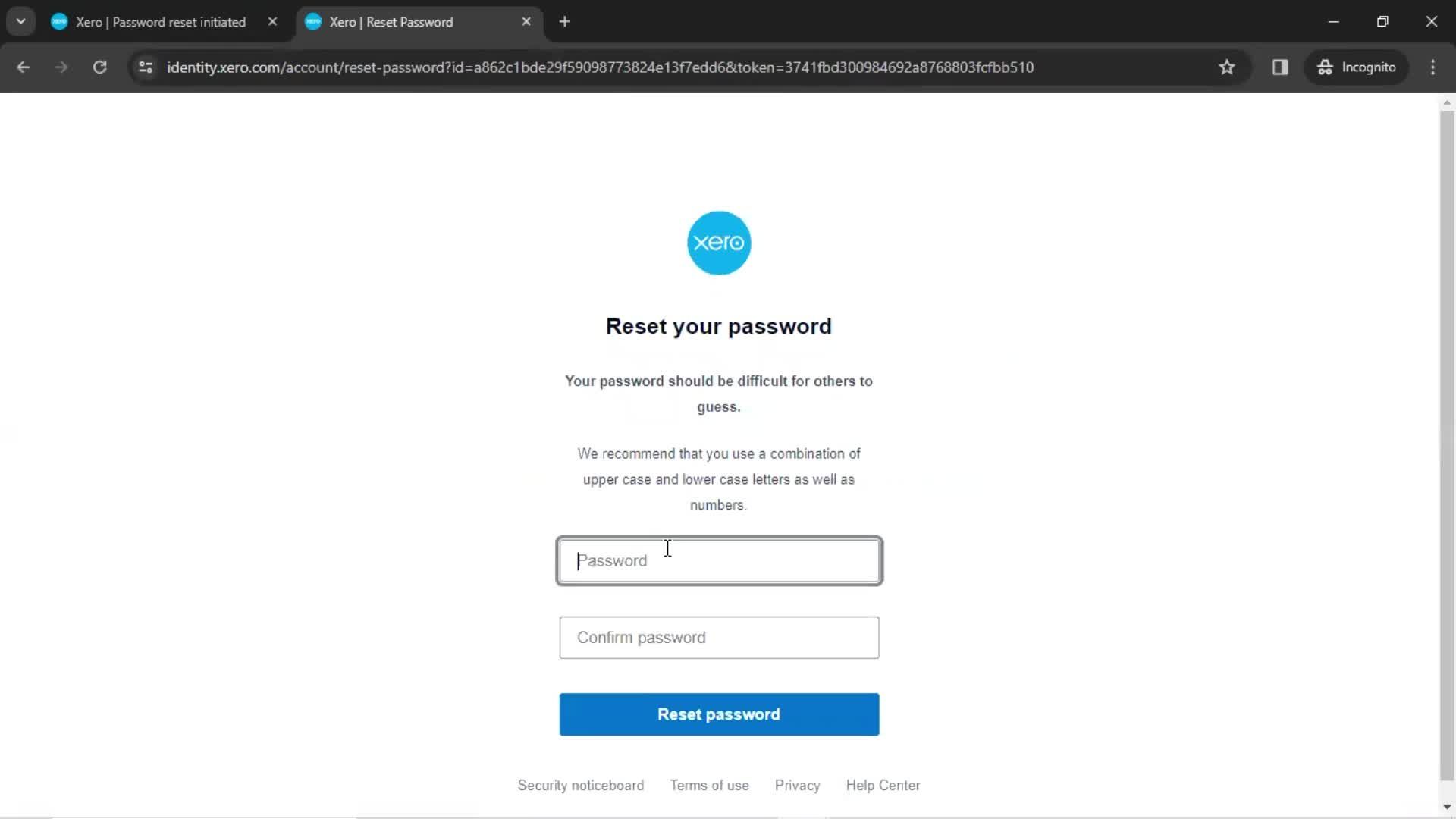 Resetting password screenshot