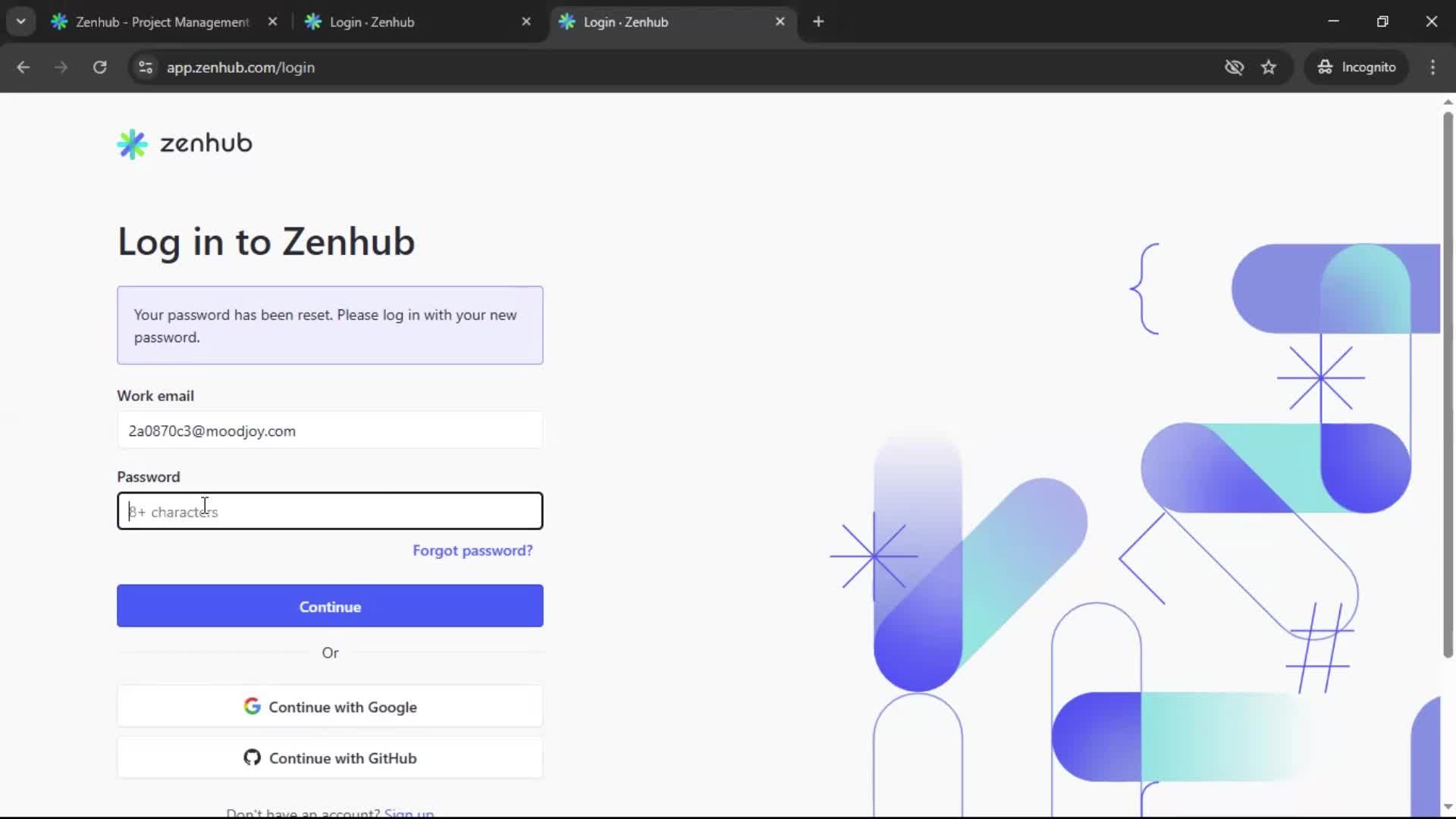 Resetting password screenshot