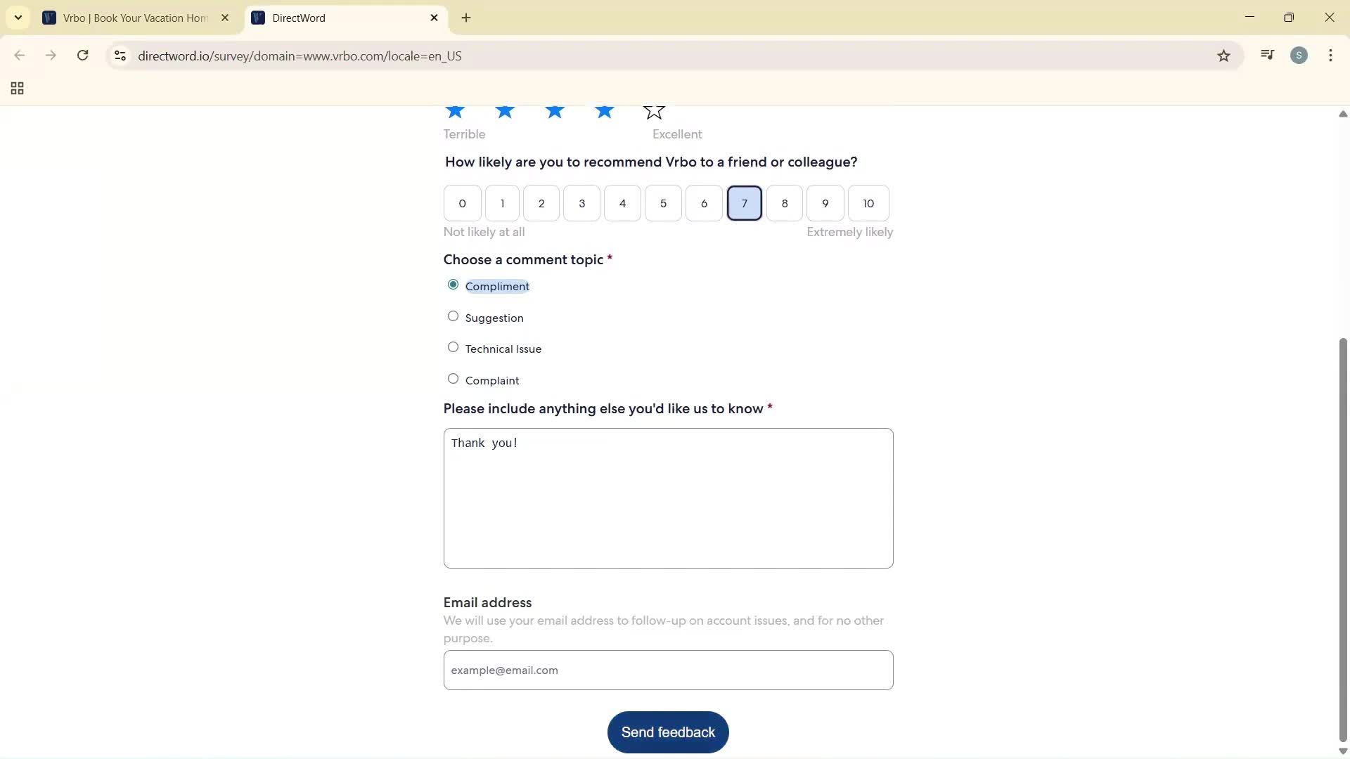 Giving feedback screenshot