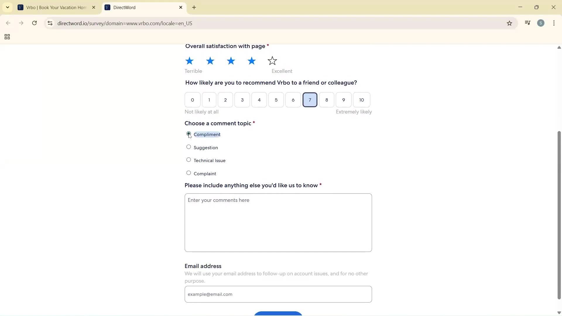 Giving feedback screenshot