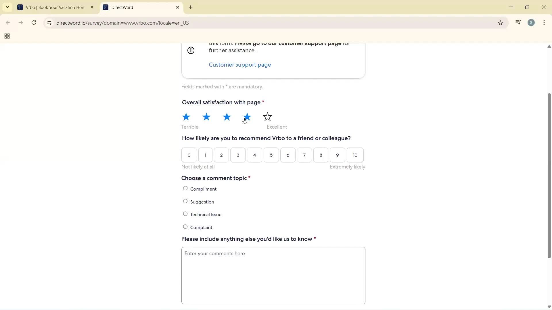 Giving feedback screenshot