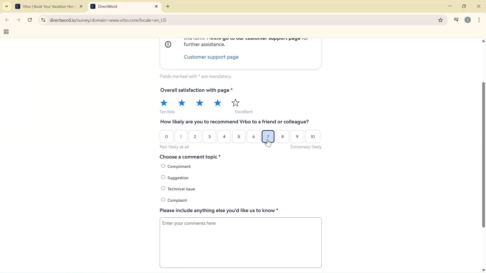 Giving feedback screenshot