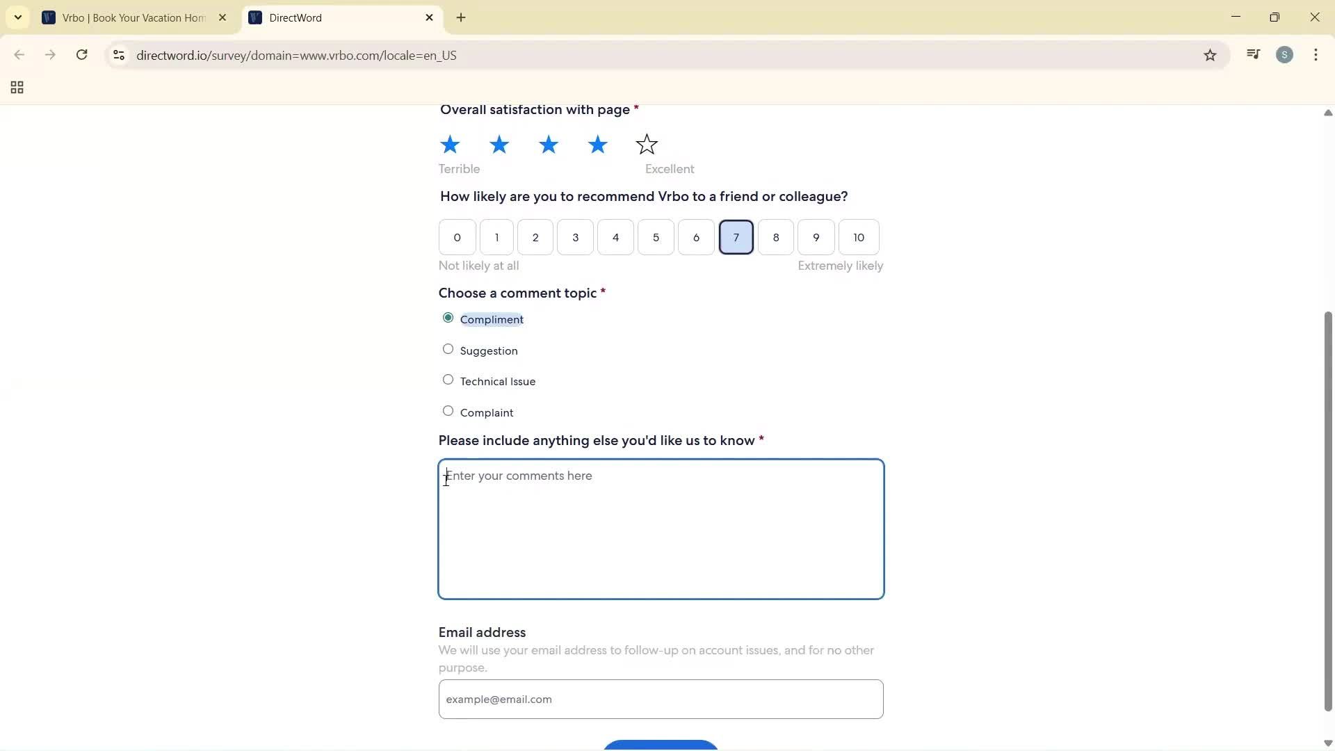 Giving feedback screenshot