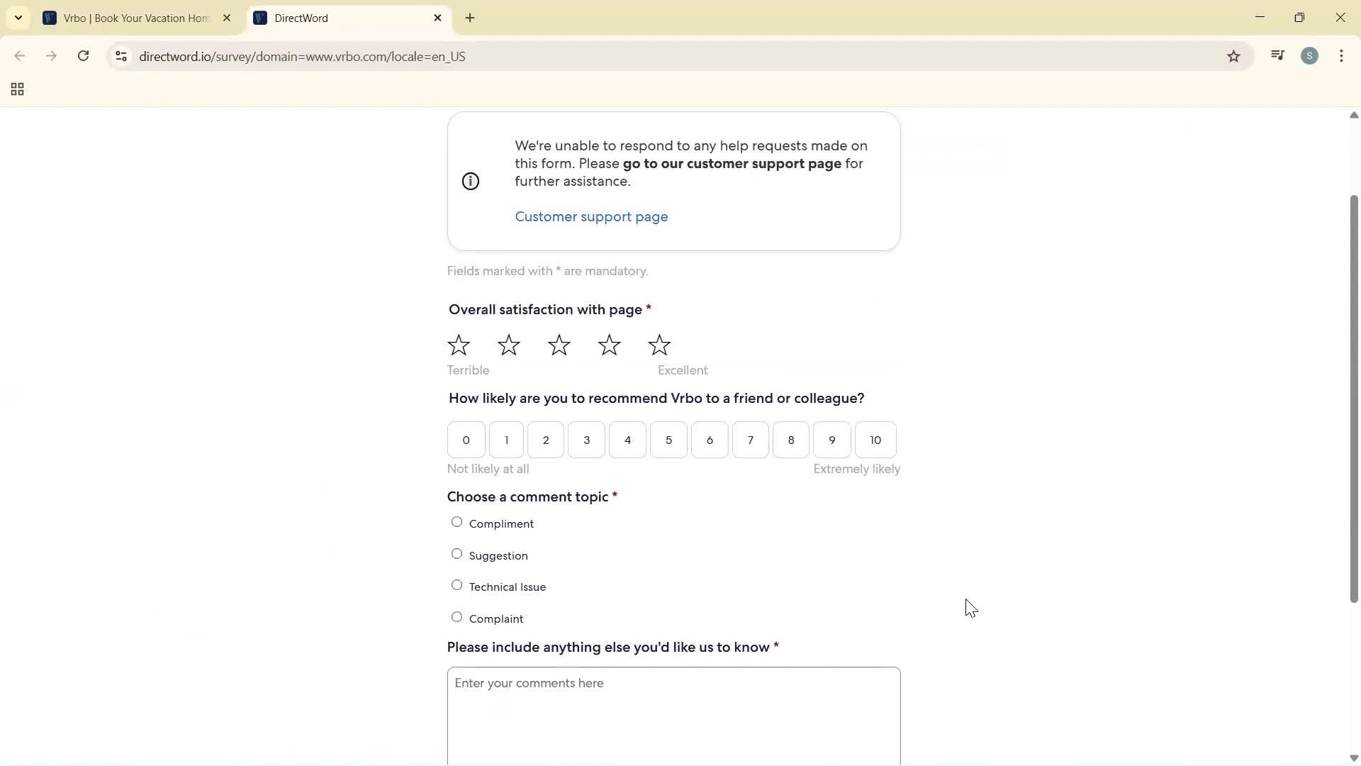 Giving feedback screenshot