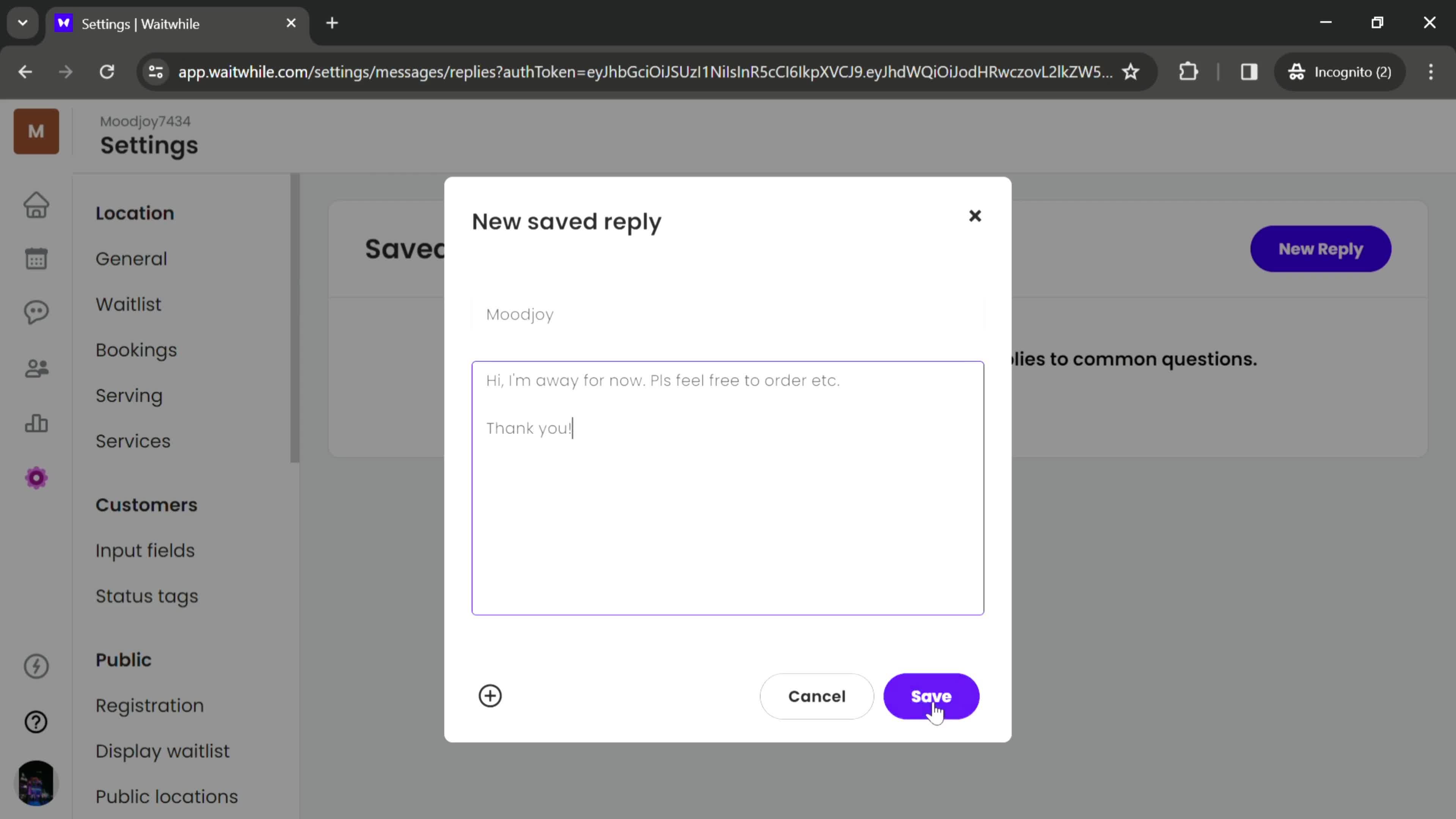 Creating saved reply on Waitwhile video thumbnail