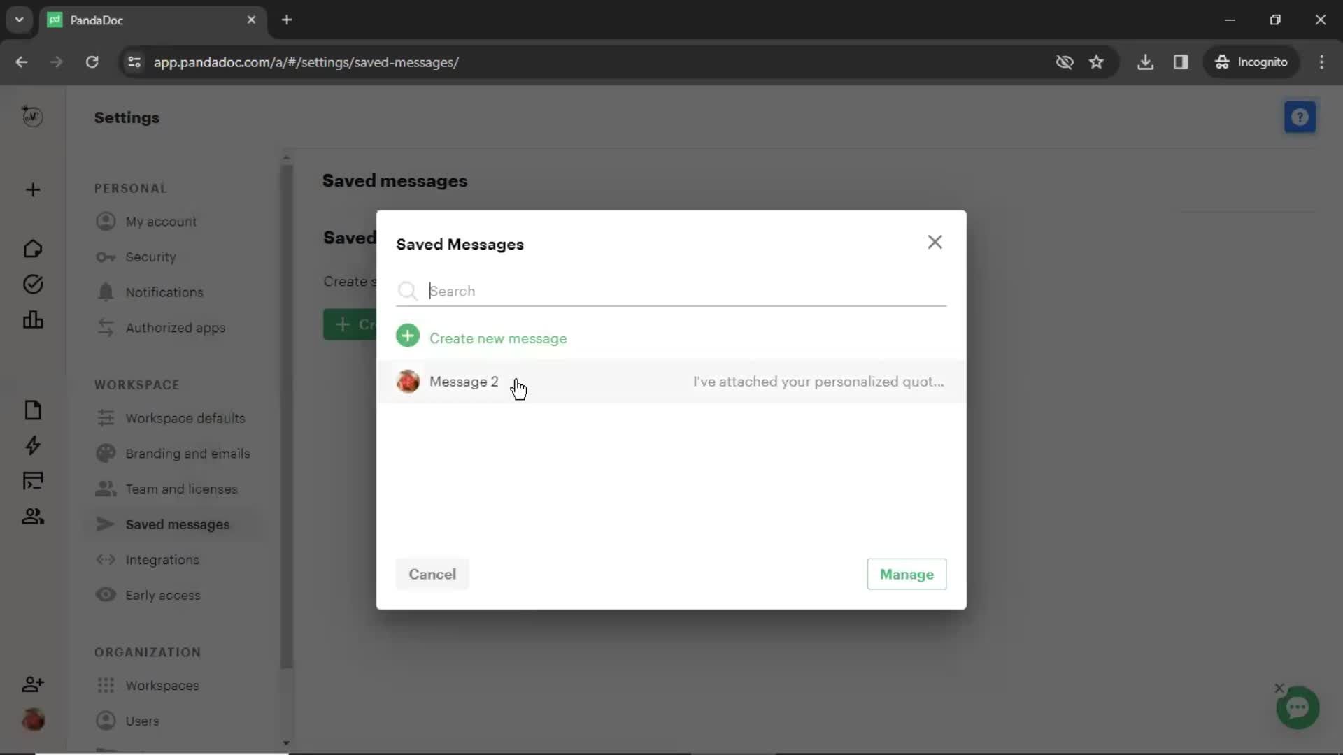 Creating saved messages screenshot