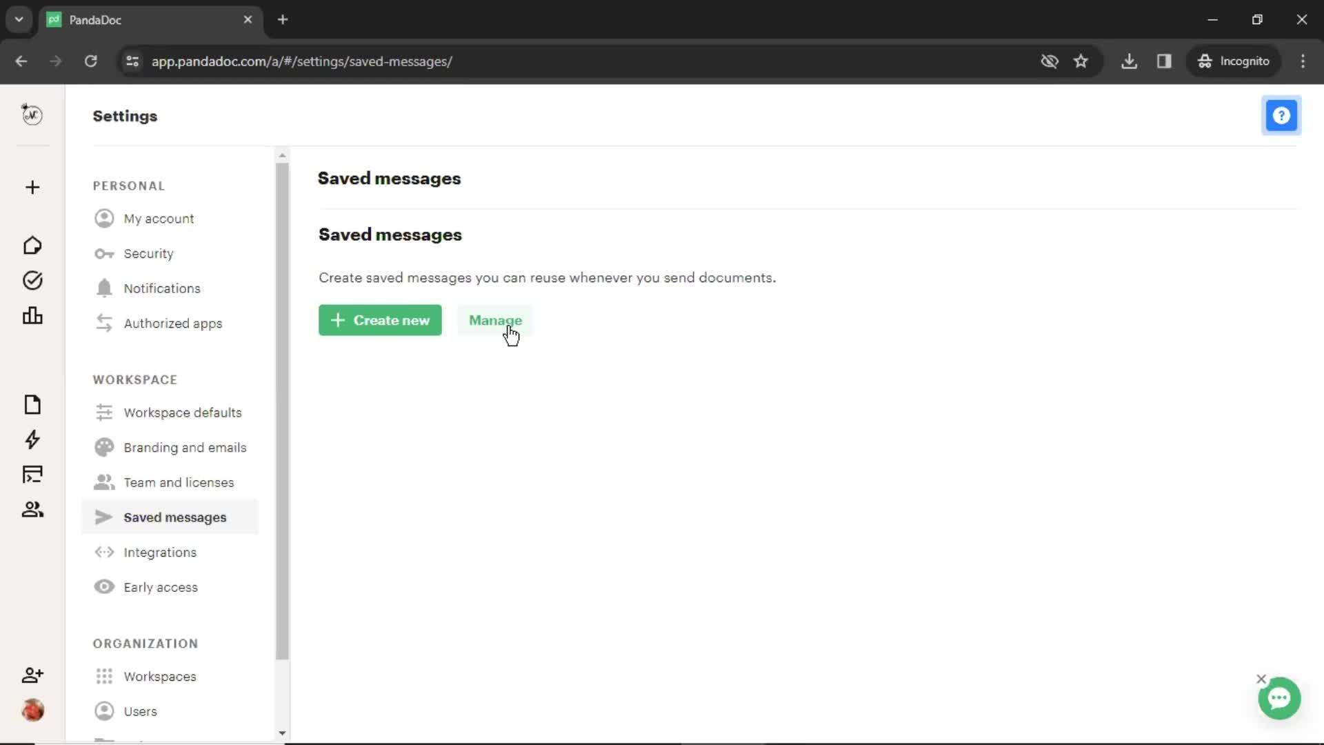 Creating saved messages screenshot