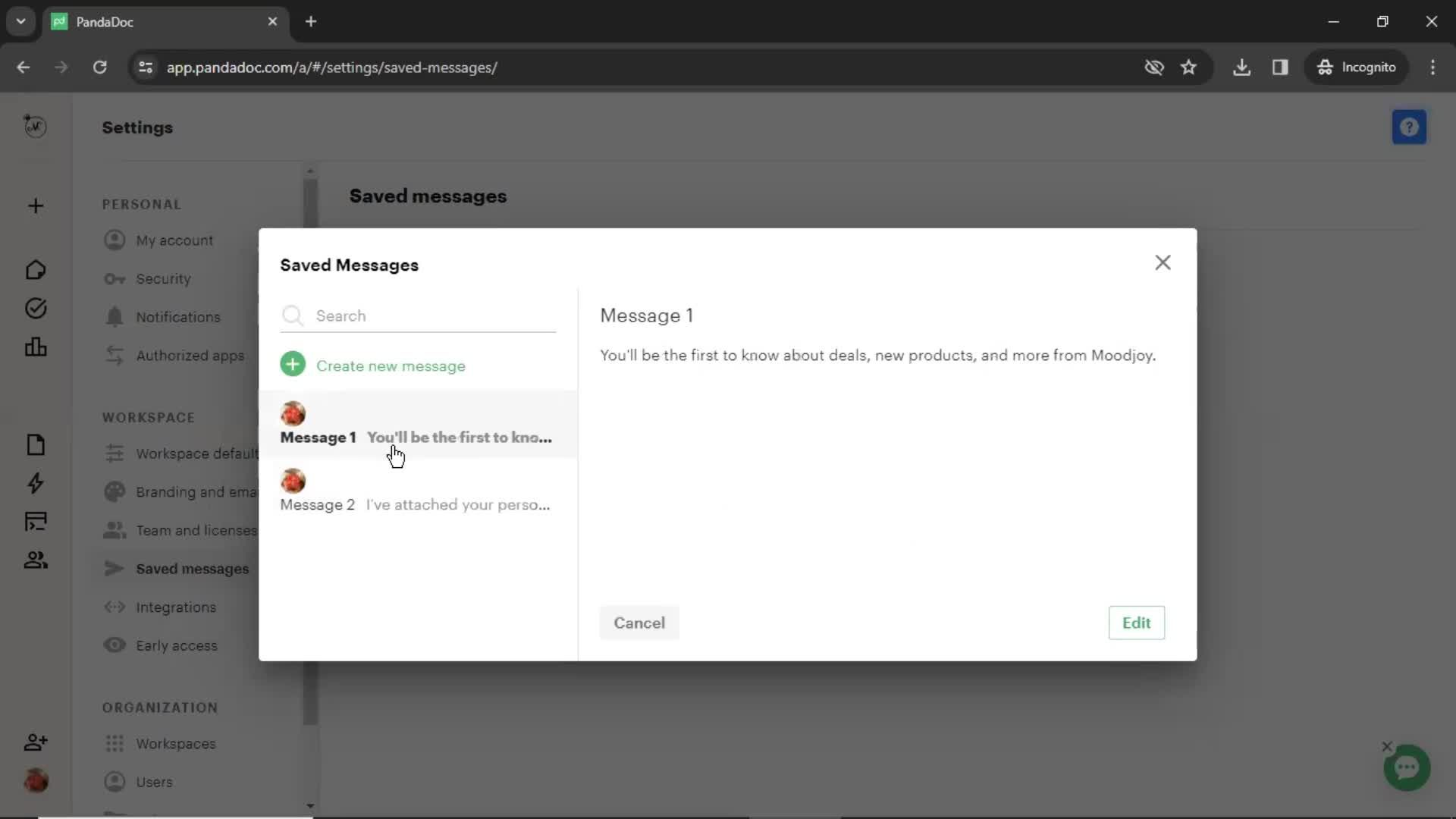 Creating saved messages screenshot