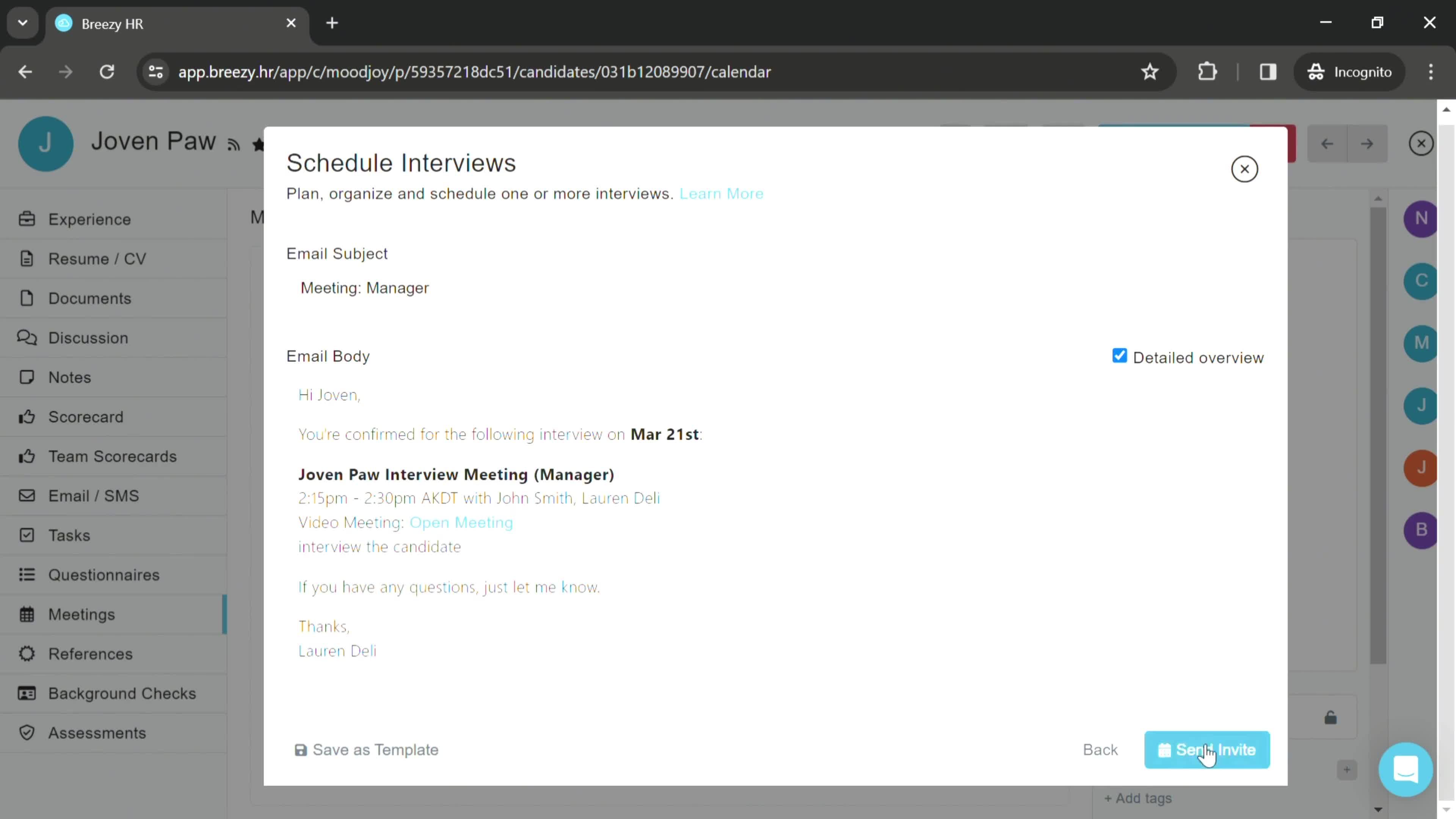 Scheduling an interview screenshot