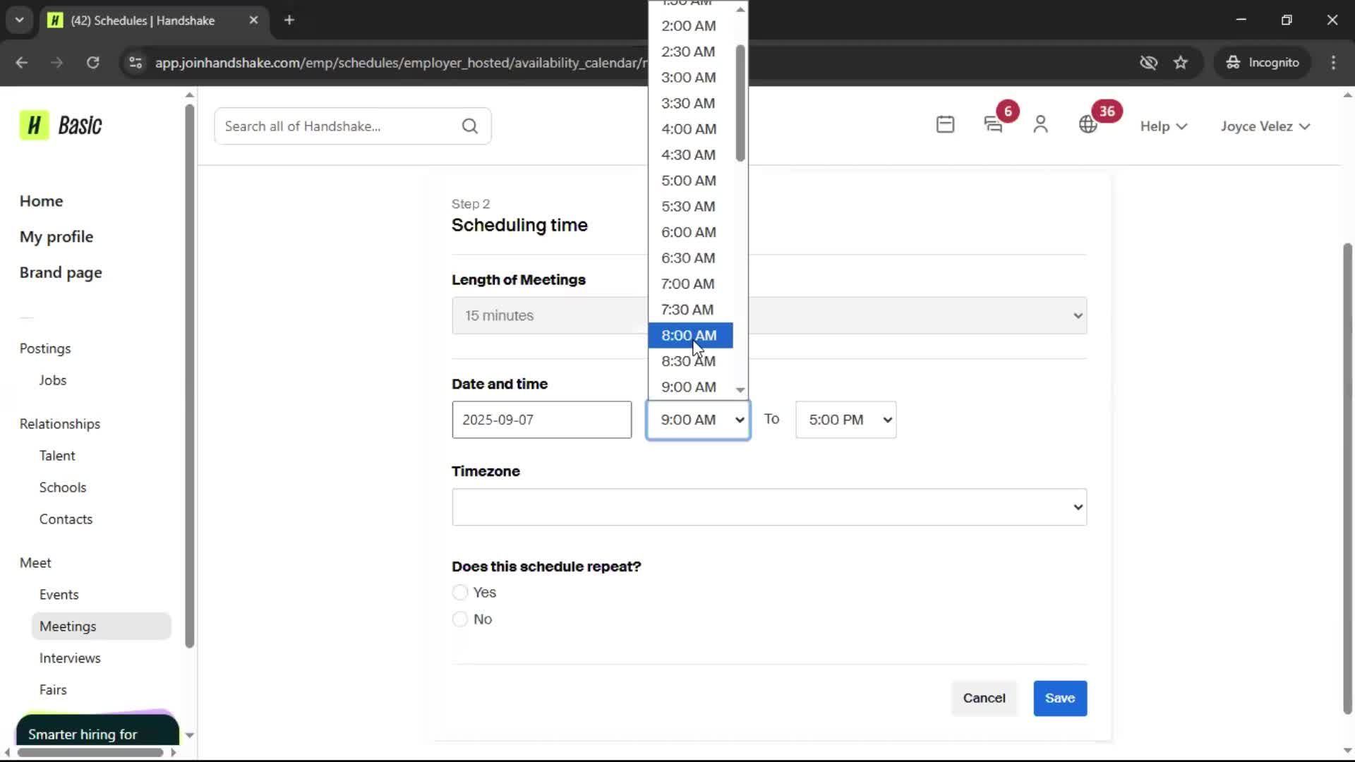 Scheduling a meeting screenshot