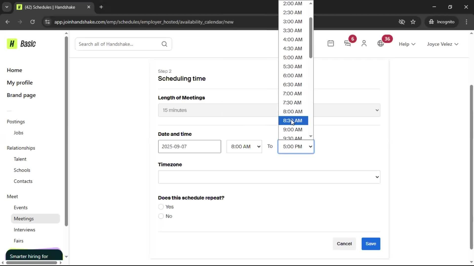 Scheduling a meeting screenshot