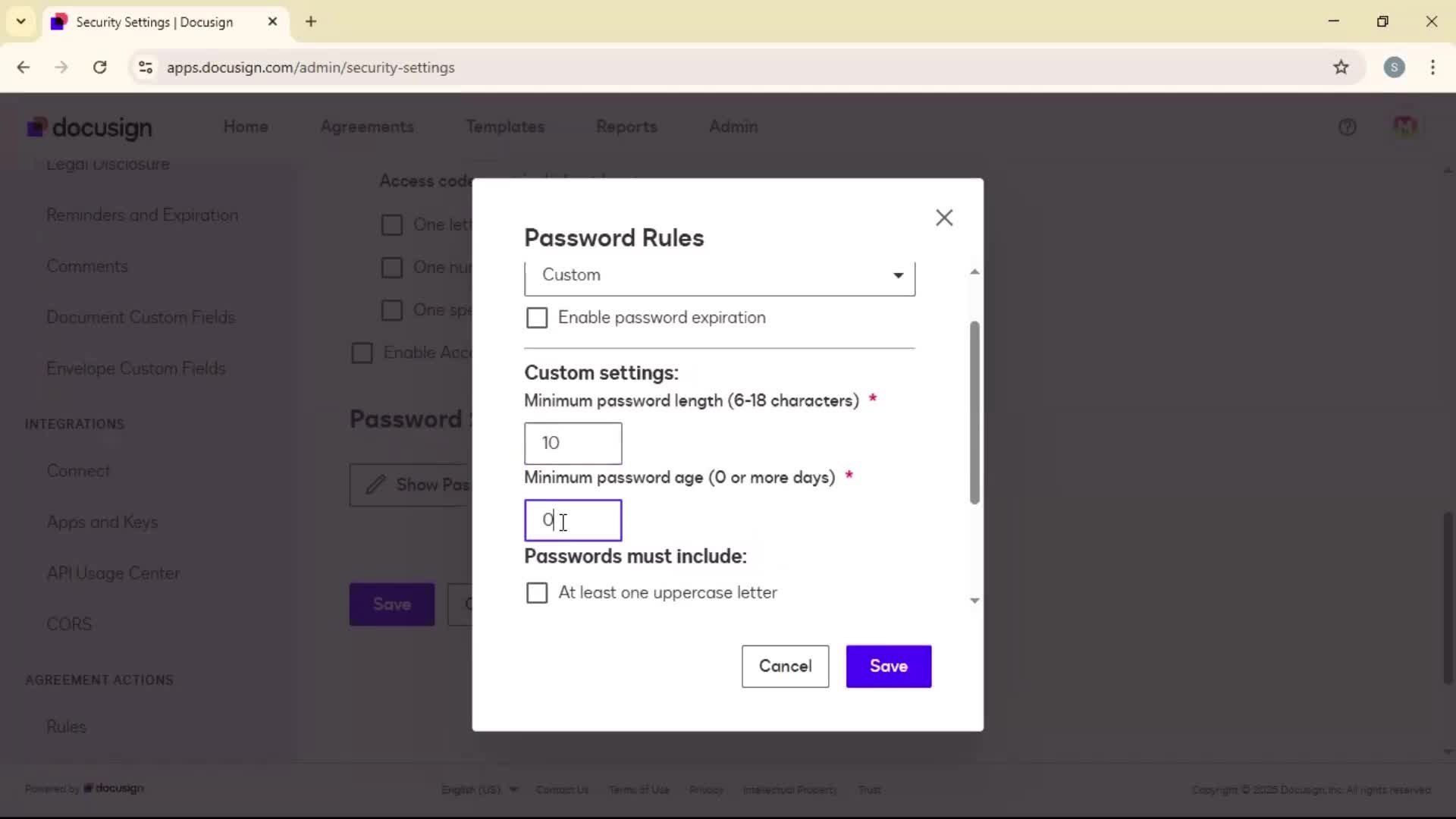 Security settings screenshot