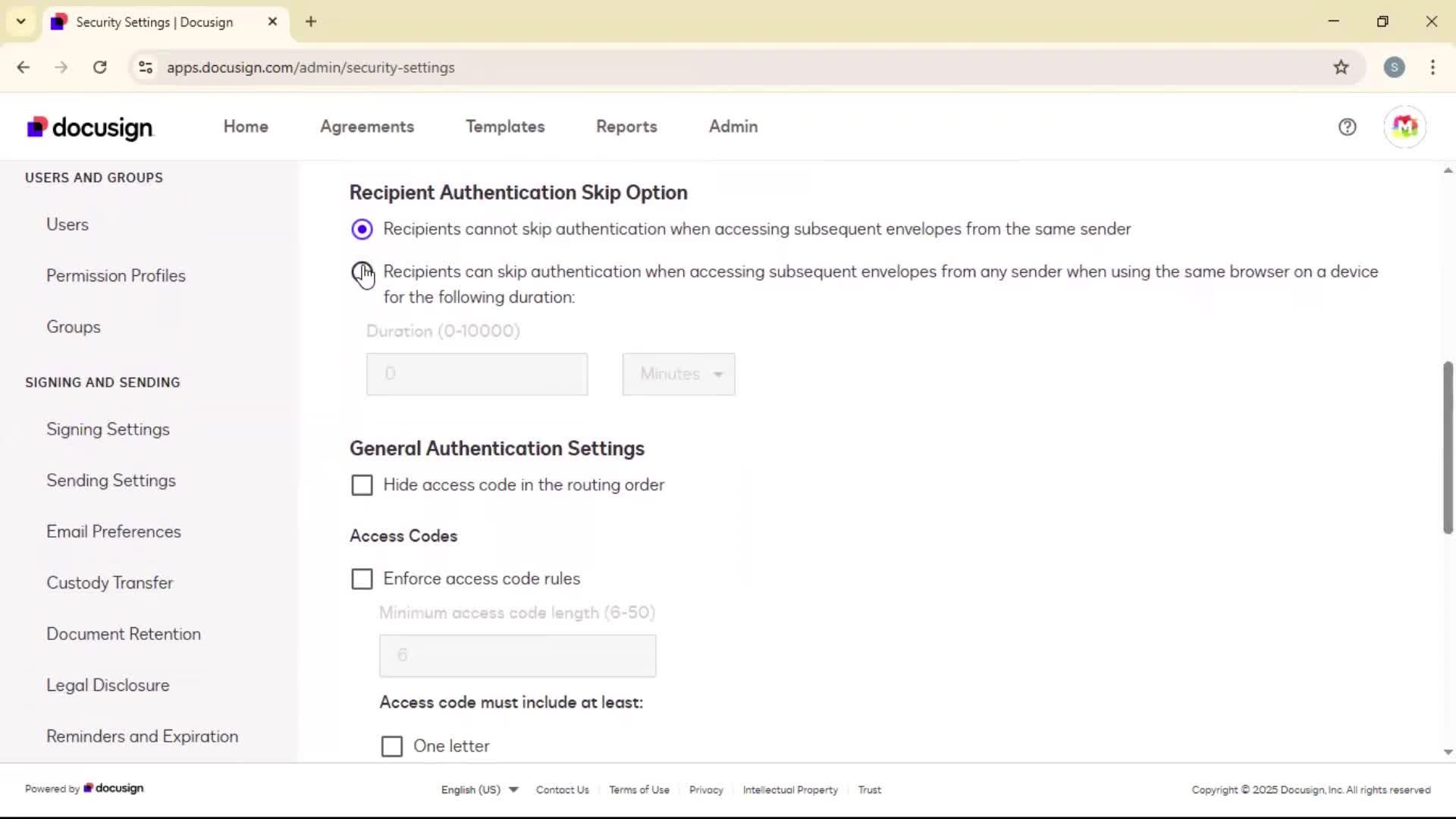 Security settings screenshot