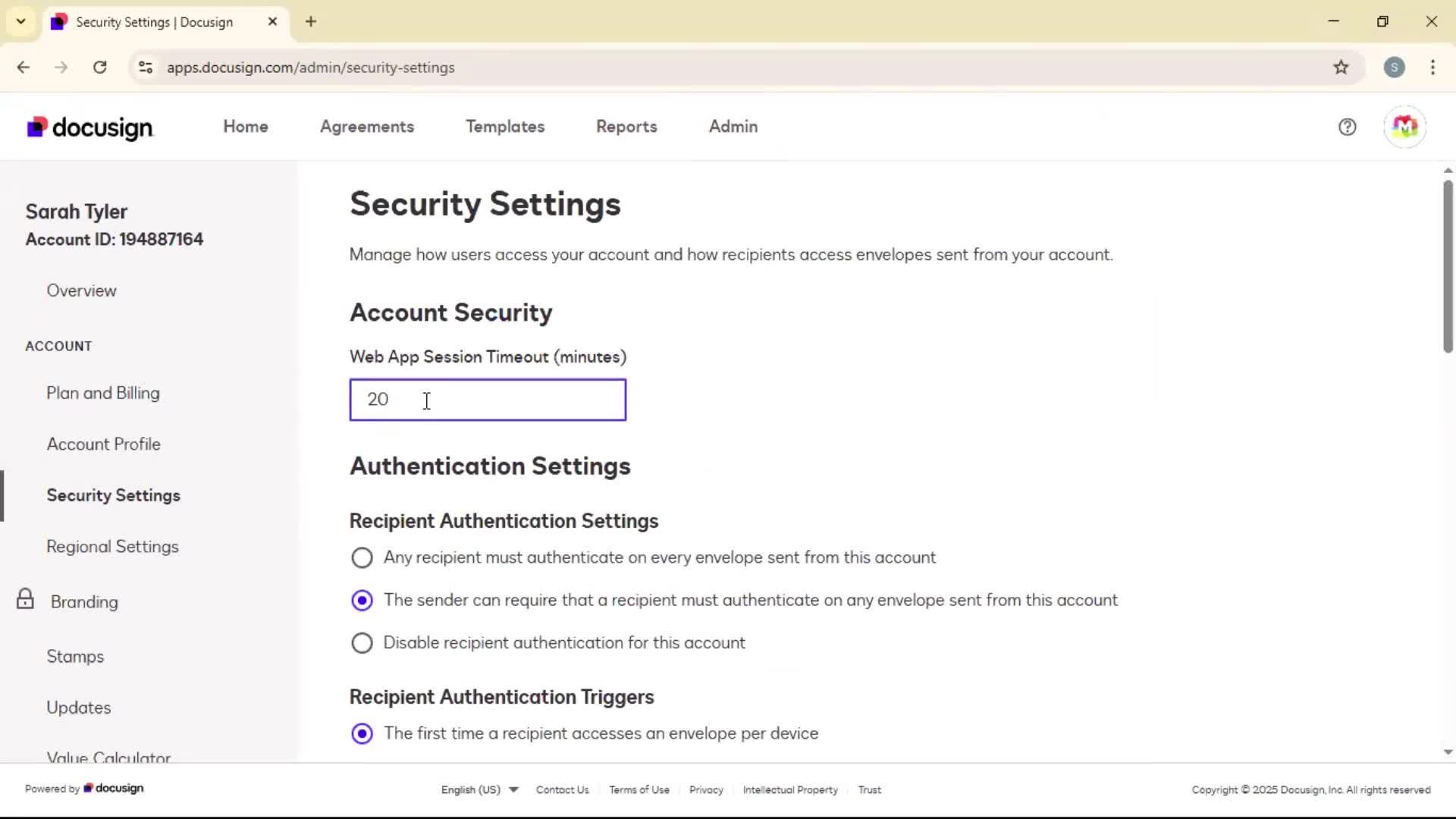 Security settings screenshot