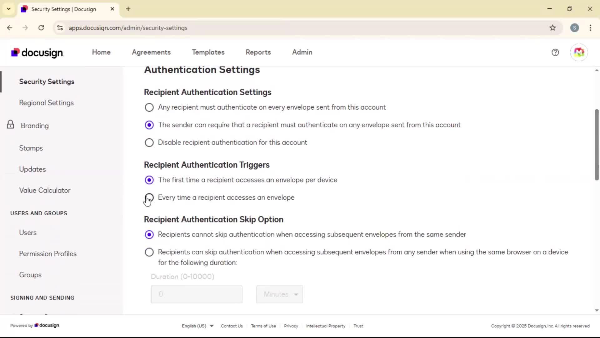 Security settings screenshot