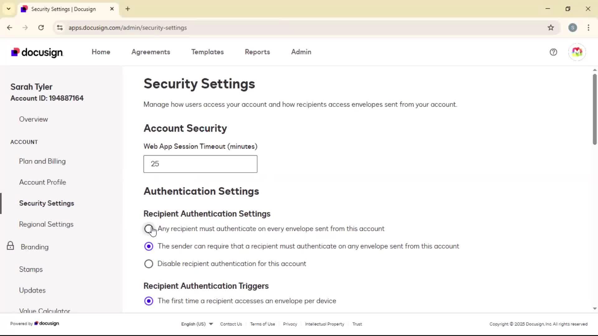 Security settings screenshot