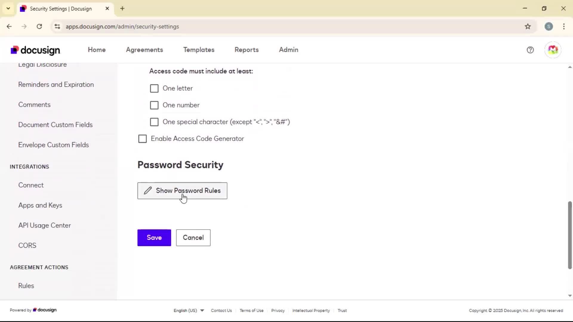 Security settings screenshot