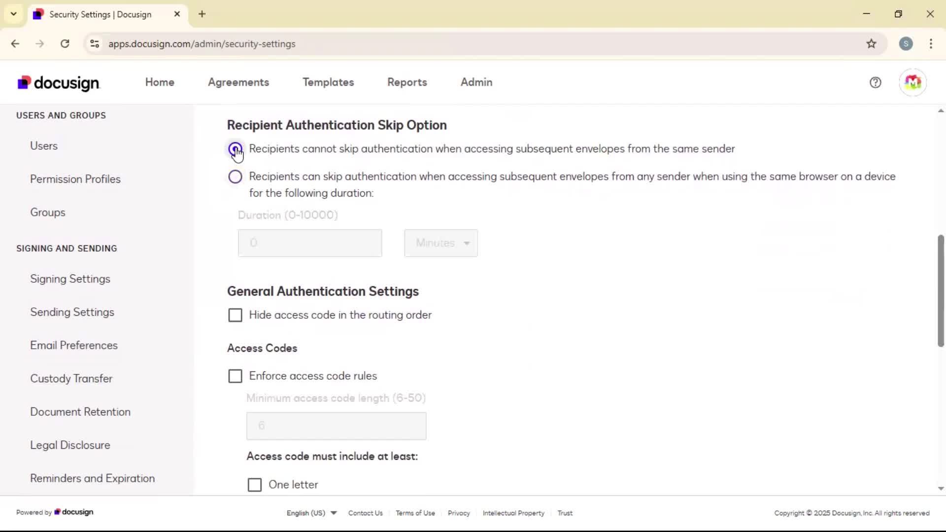 Security settings screenshot