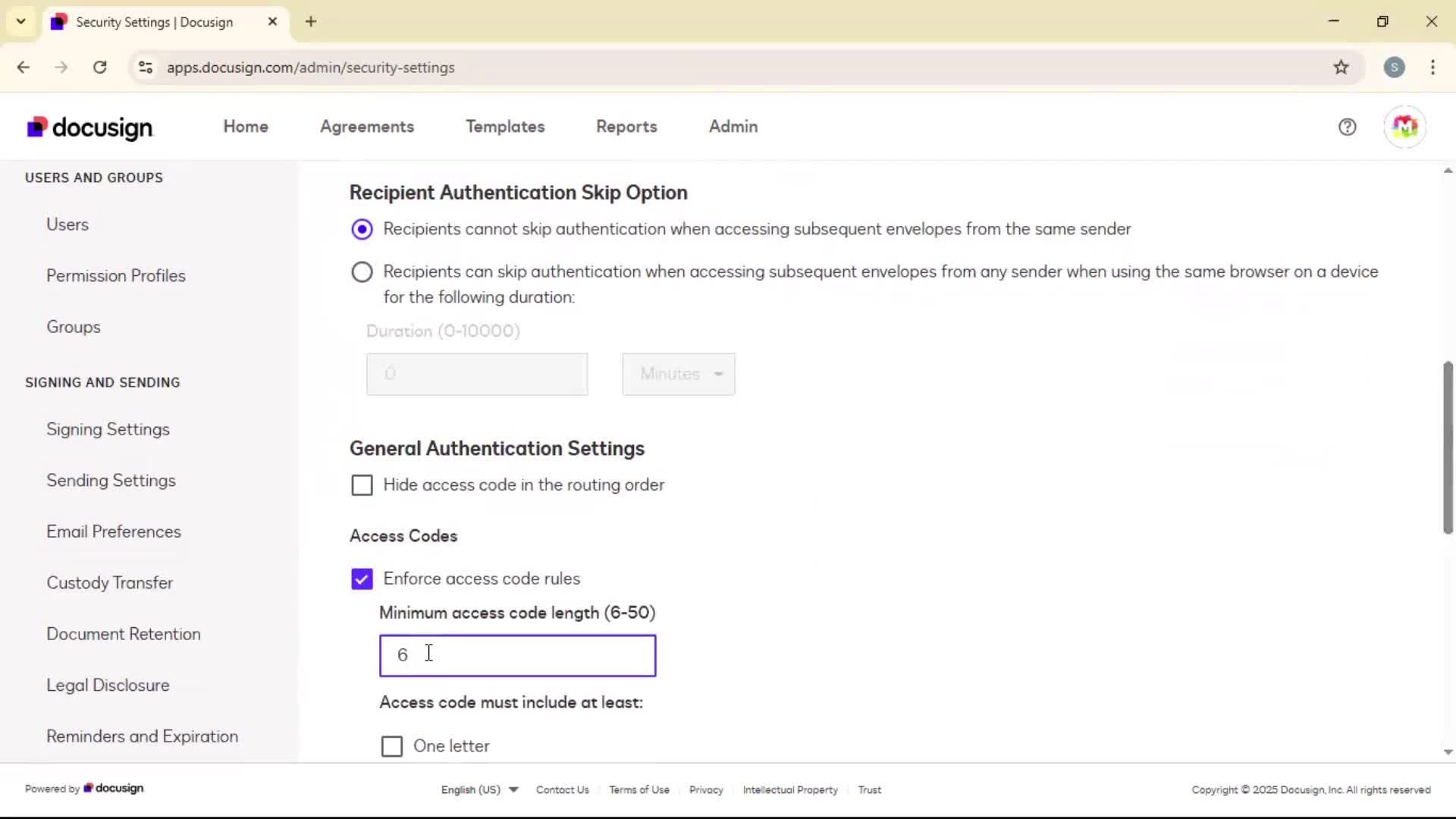 Security settings screenshot