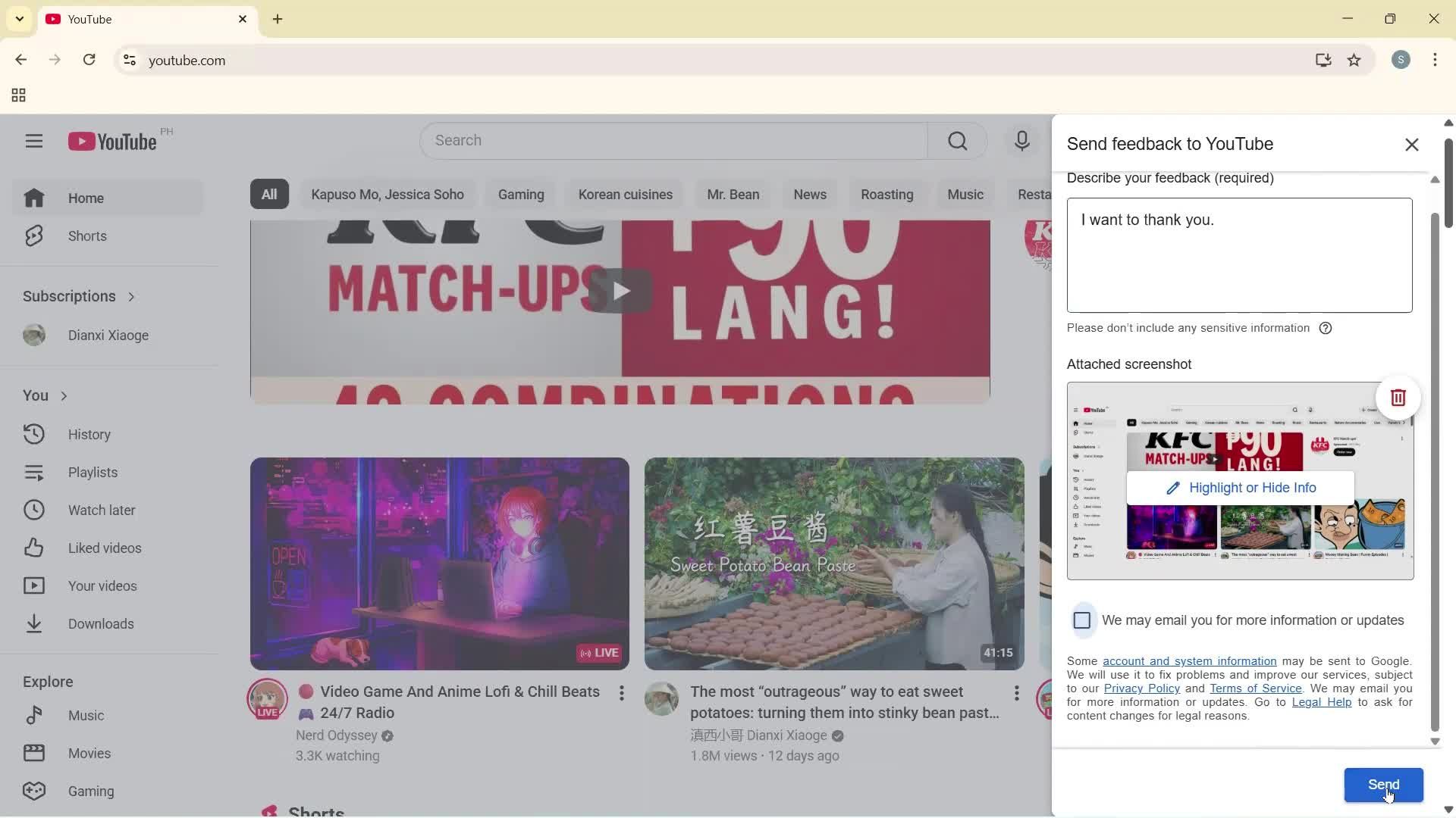 Giving feedback screenshot