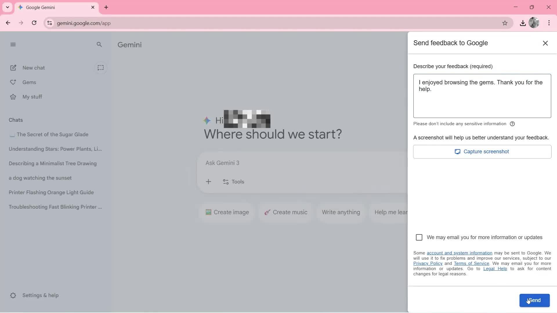 Giving feedback screenshot