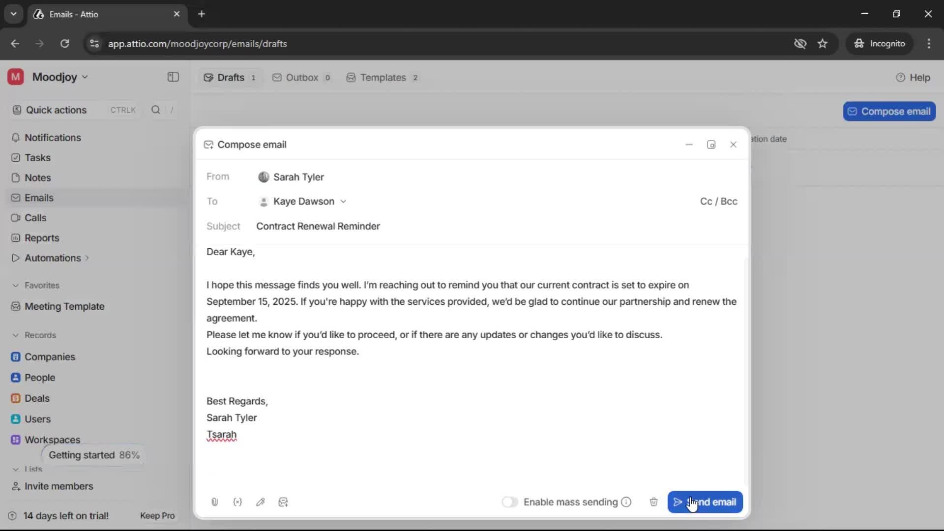 Sending an email screenshot