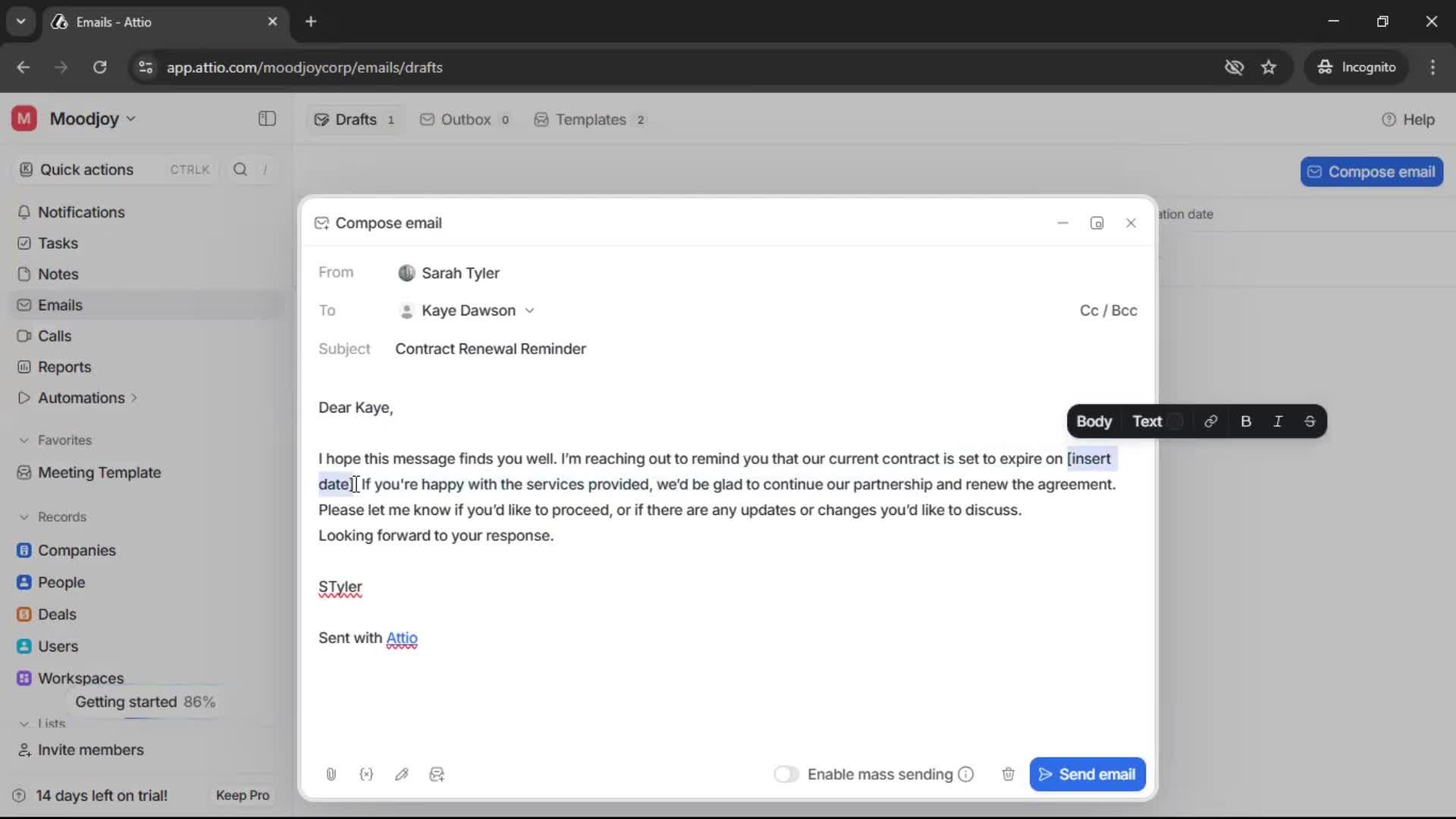 Sending an email screenshot