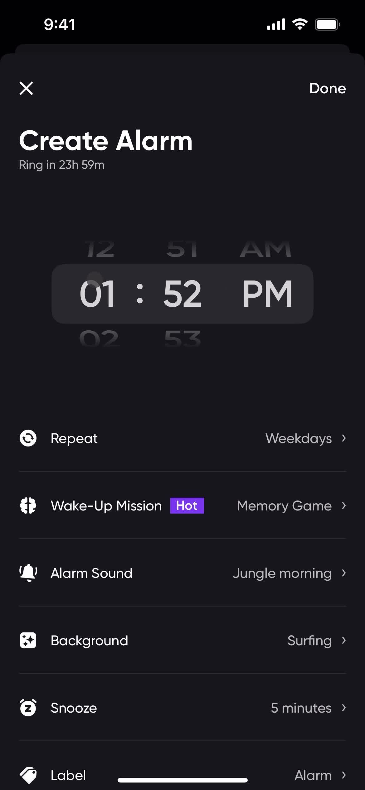 Setting an alarm screenshot