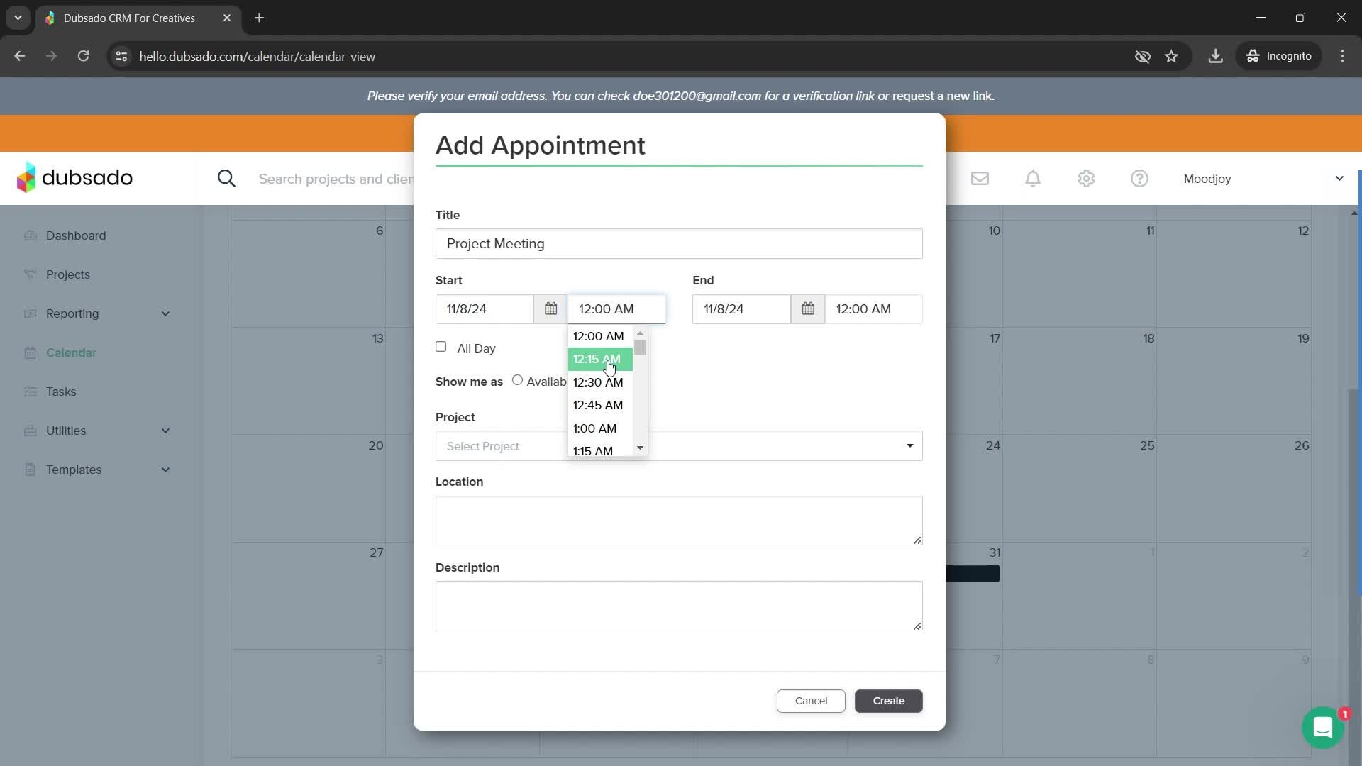 Adding an appointment screenshot