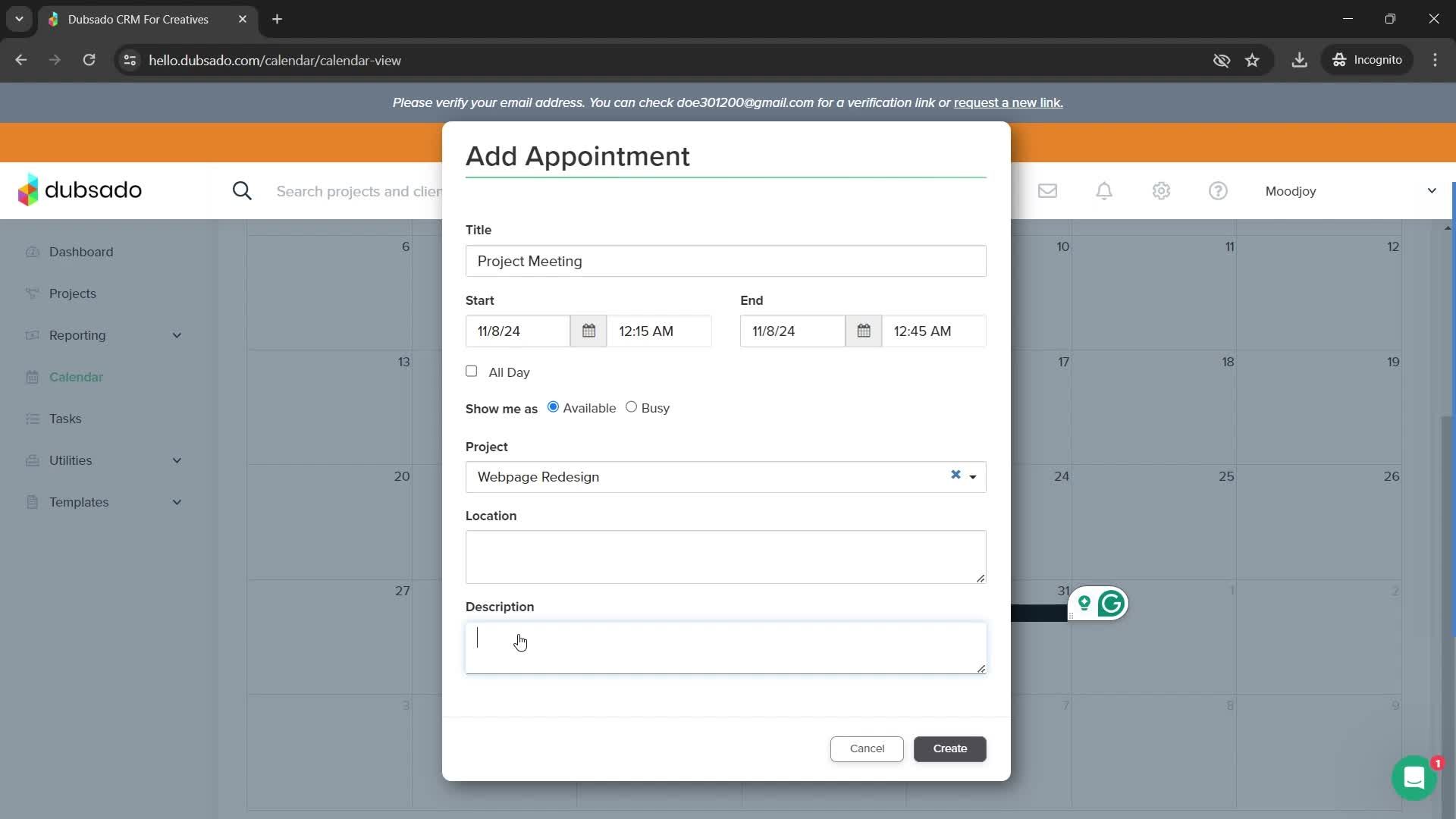 Adding an appointment screenshot