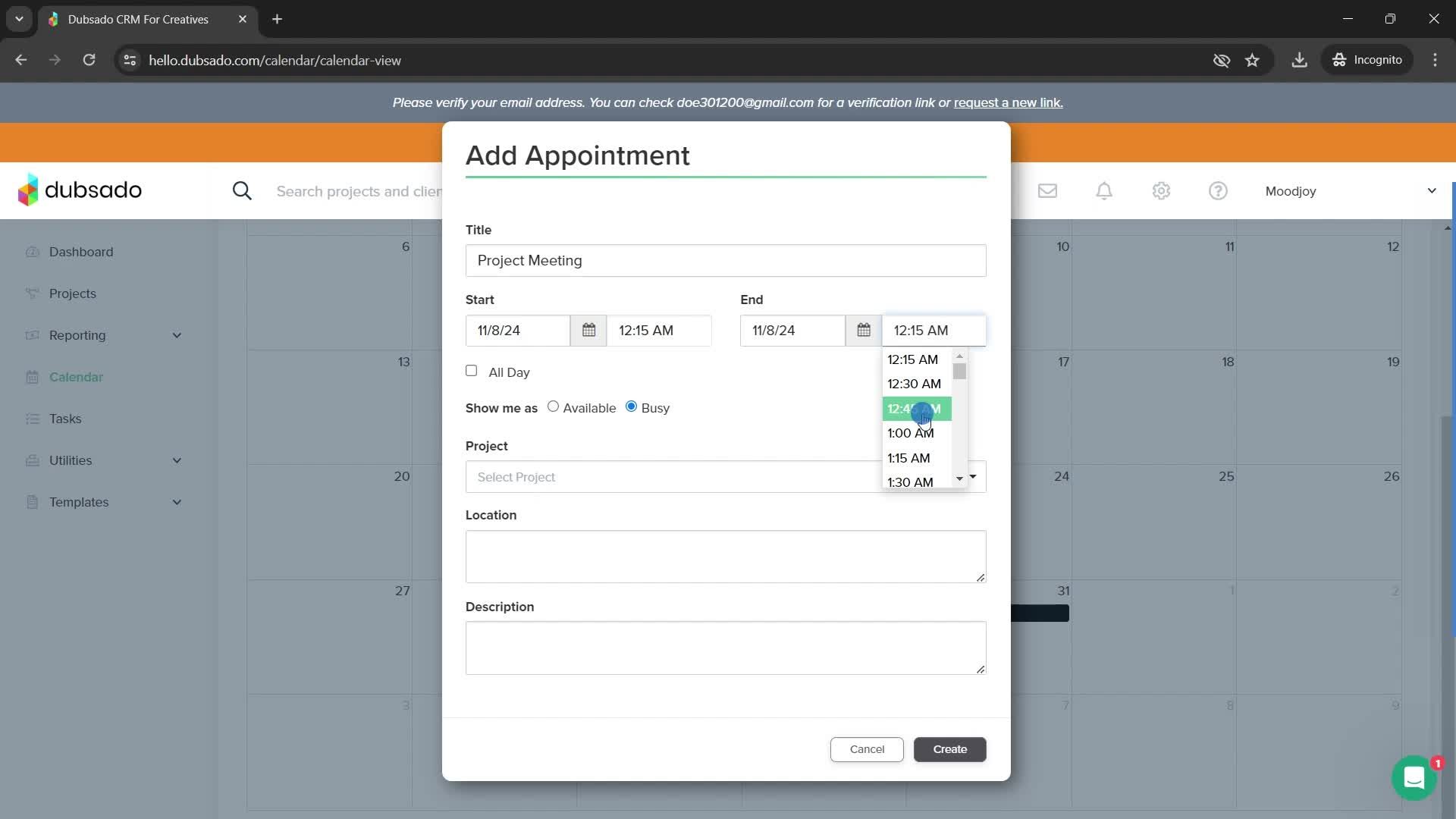 Adding an appointment screenshot