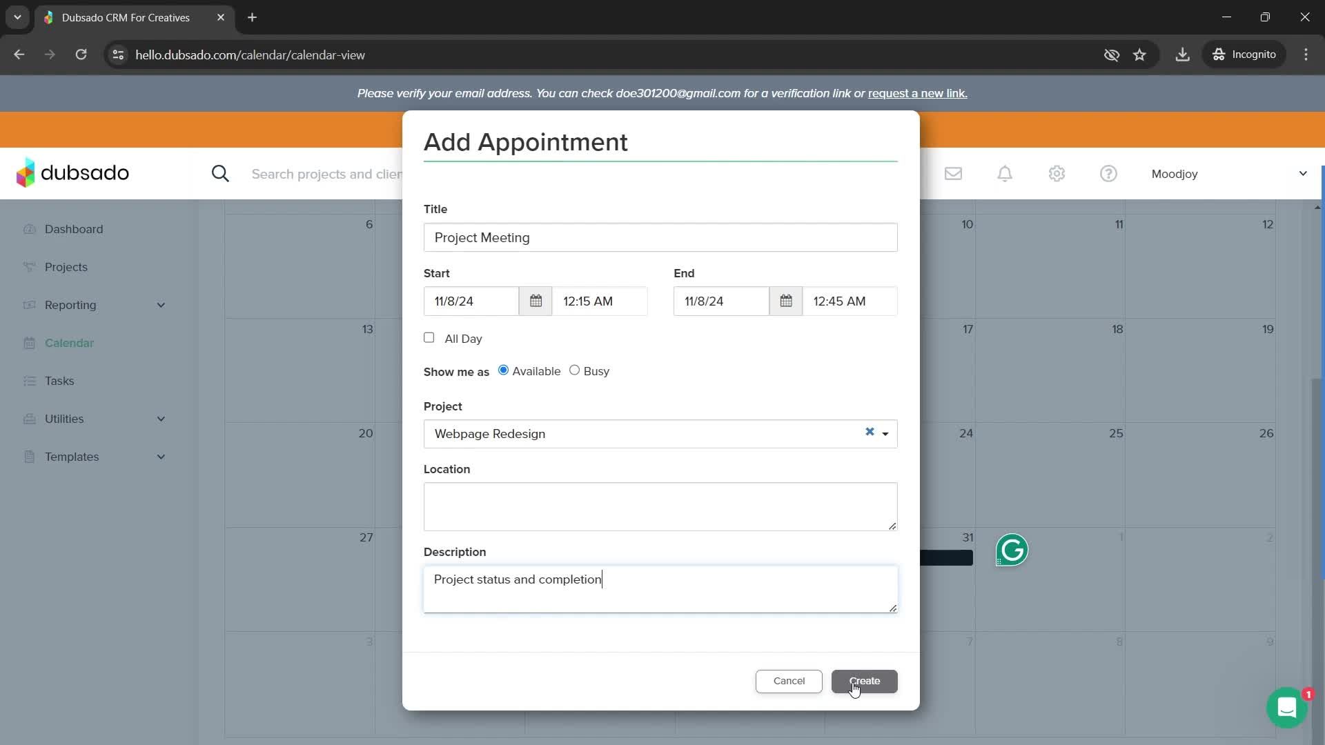 Adding an appointment screenshot