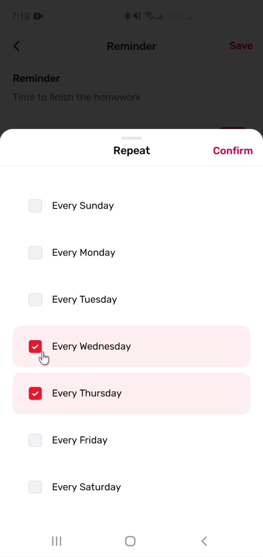 Setting a reminder screenshot