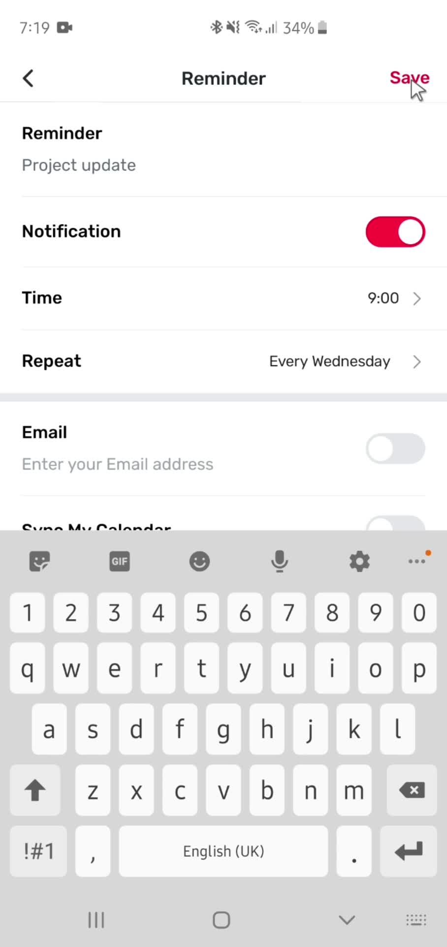 Setting a reminder screenshot