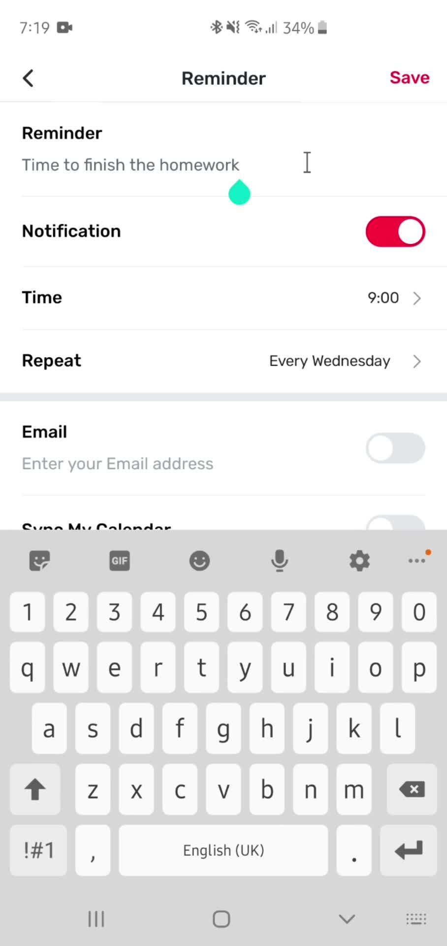 Setting a reminder screenshot