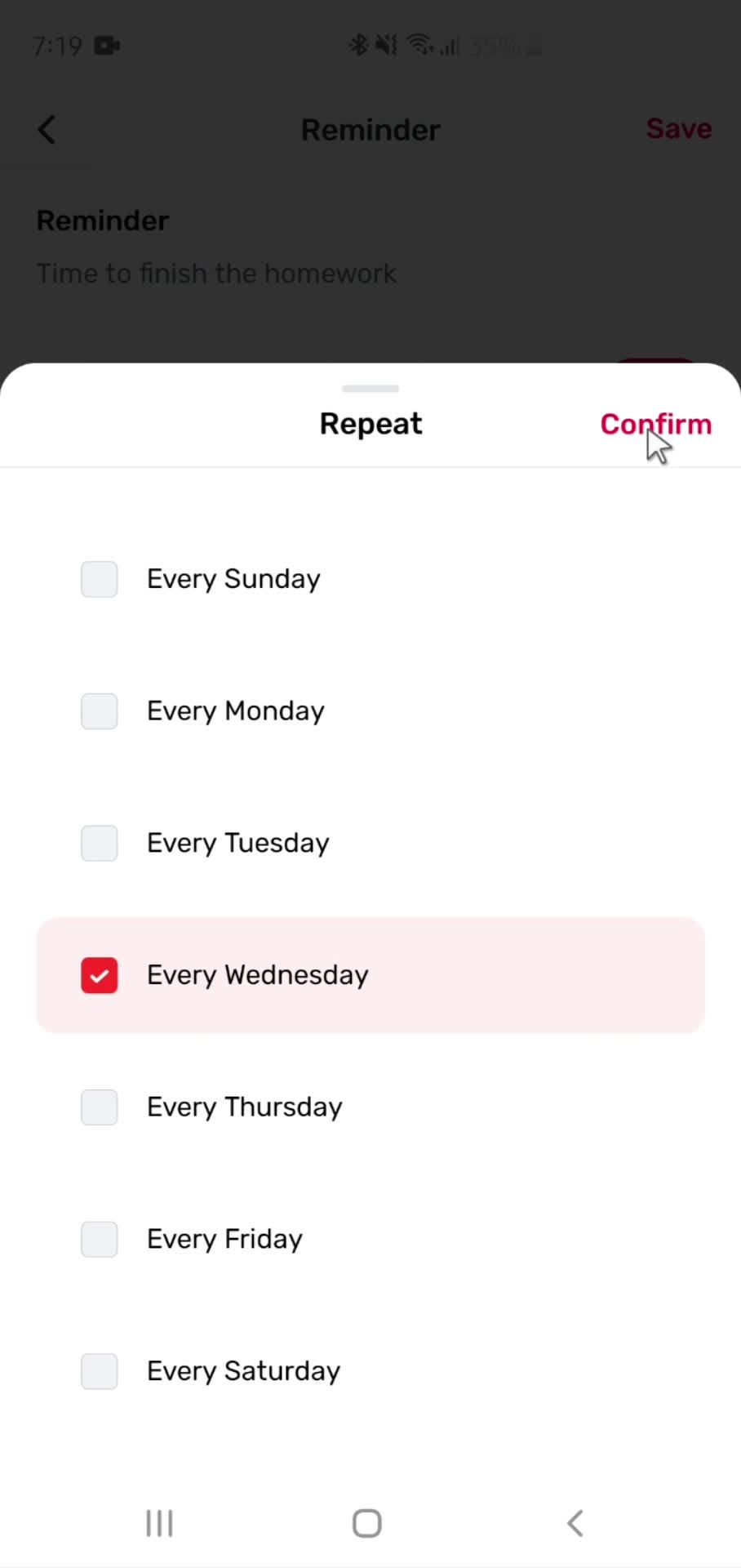 Setting a reminder screenshot