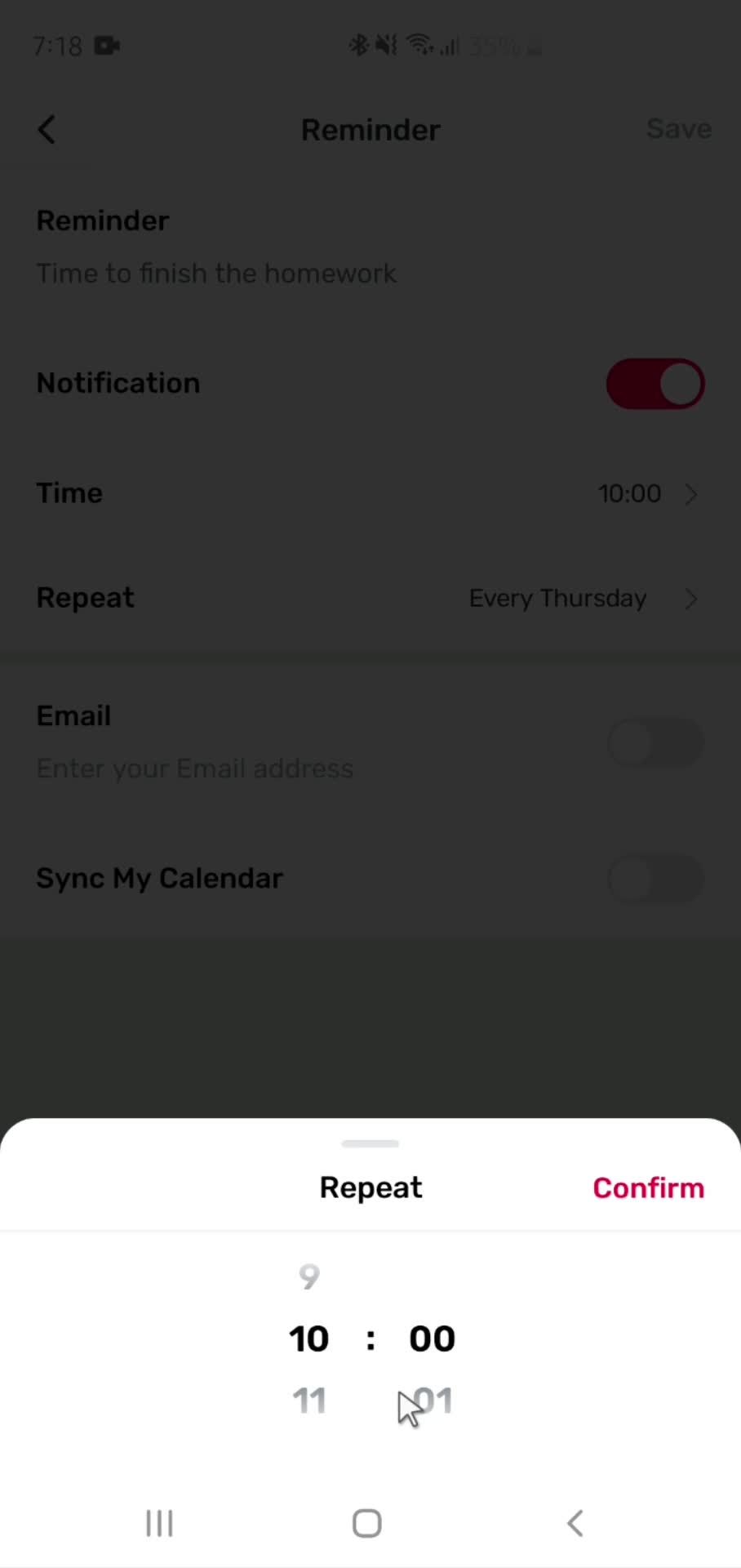 Setting a reminder screenshot