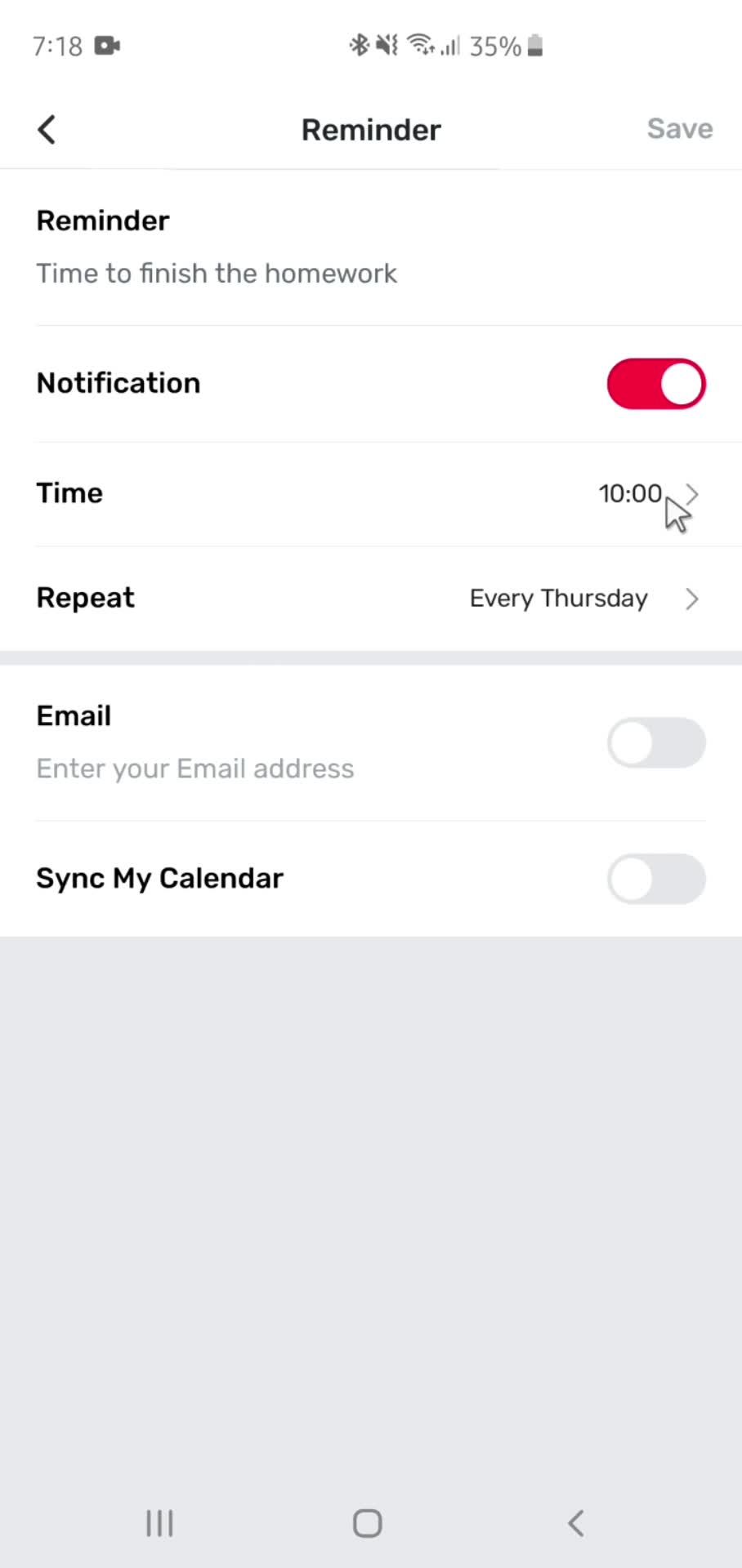 Setting a reminder screenshot