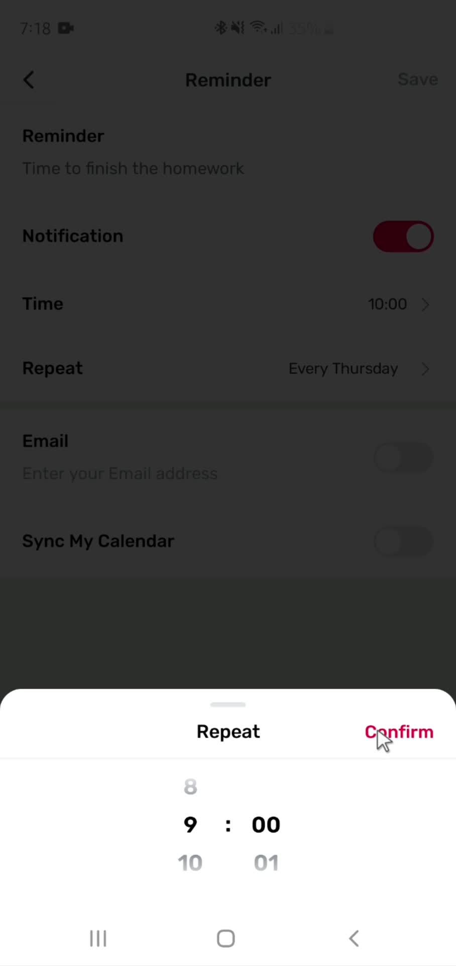 Setting a reminder screenshot