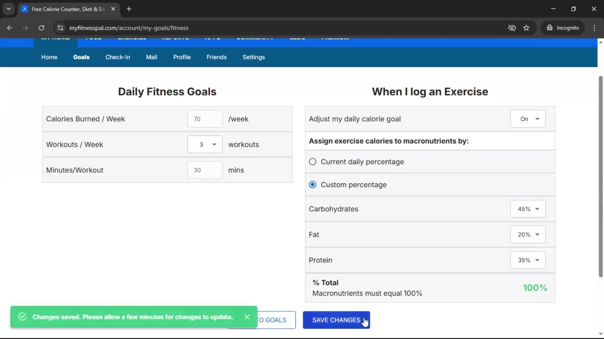 Setting goals screenshot