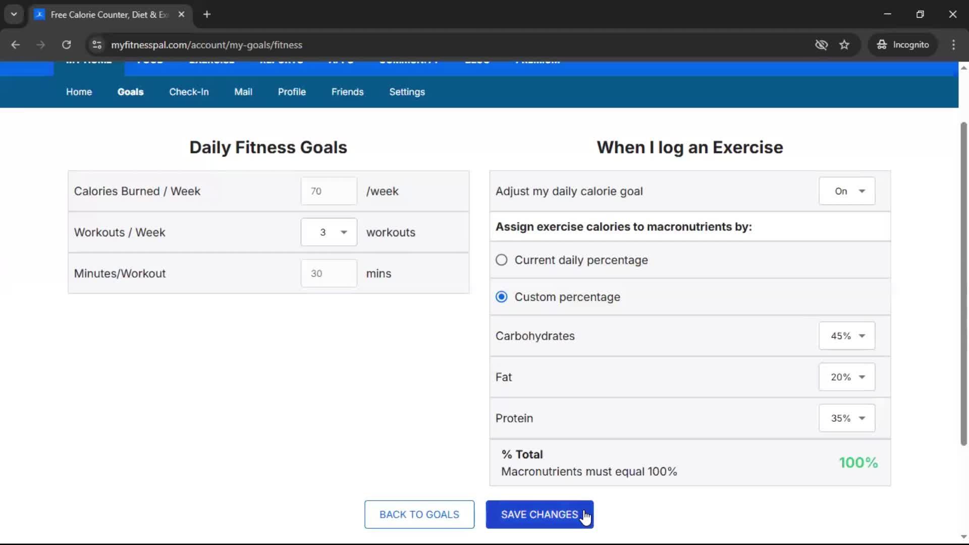Setting goals screenshot
