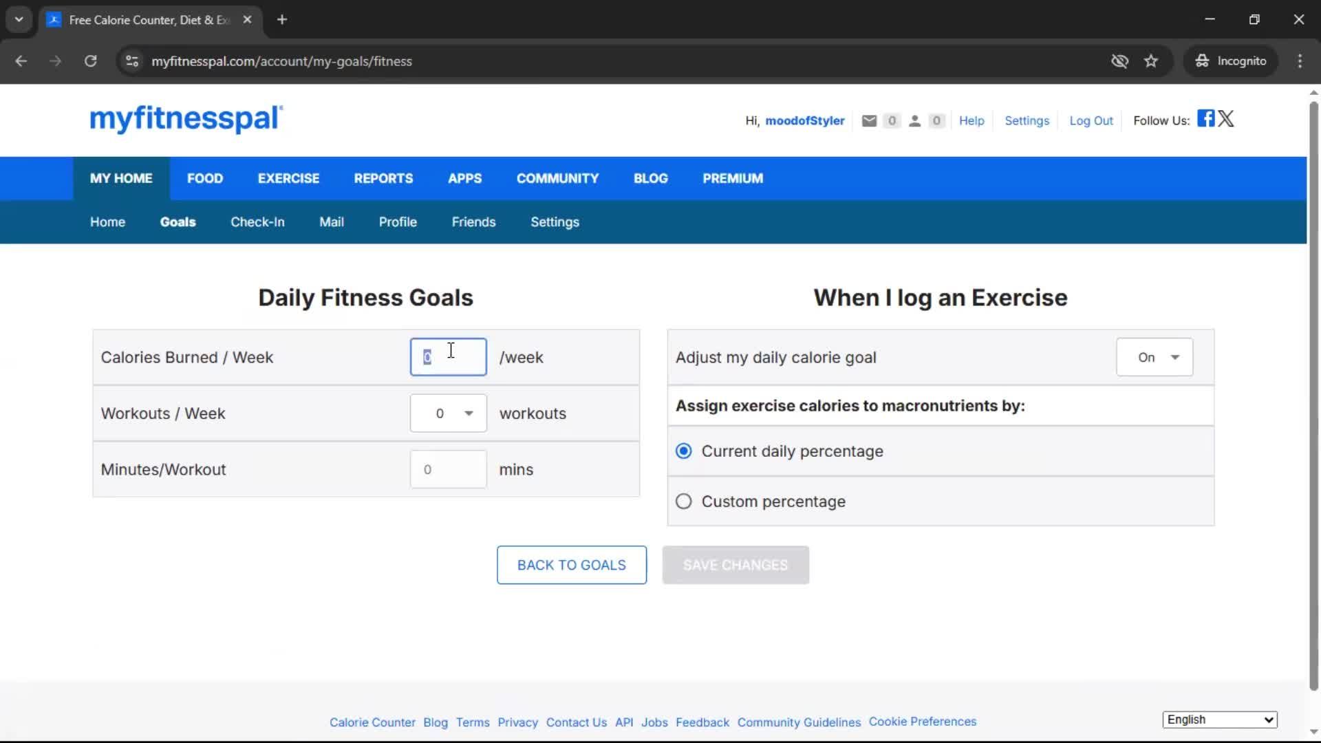 Setting goals screenshot