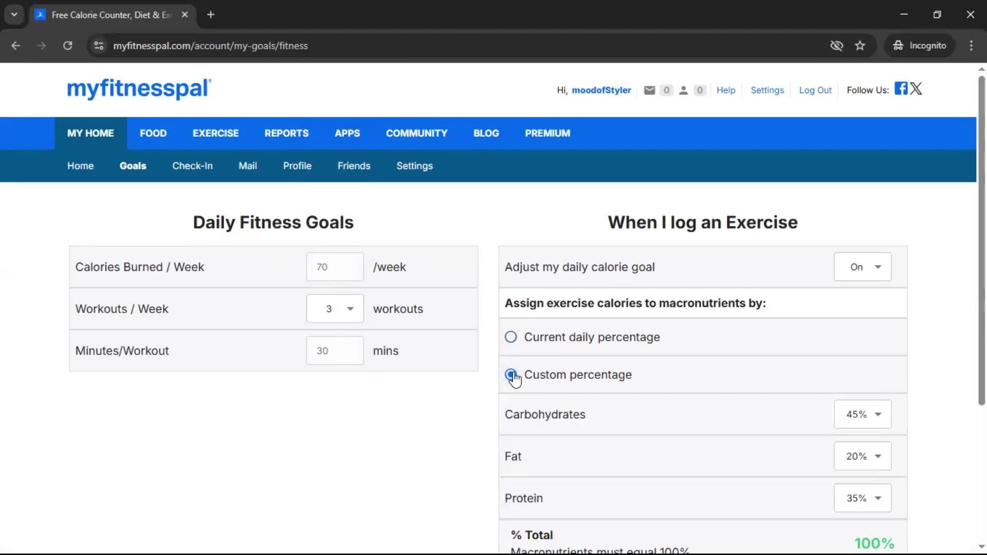Setting goals screenshot