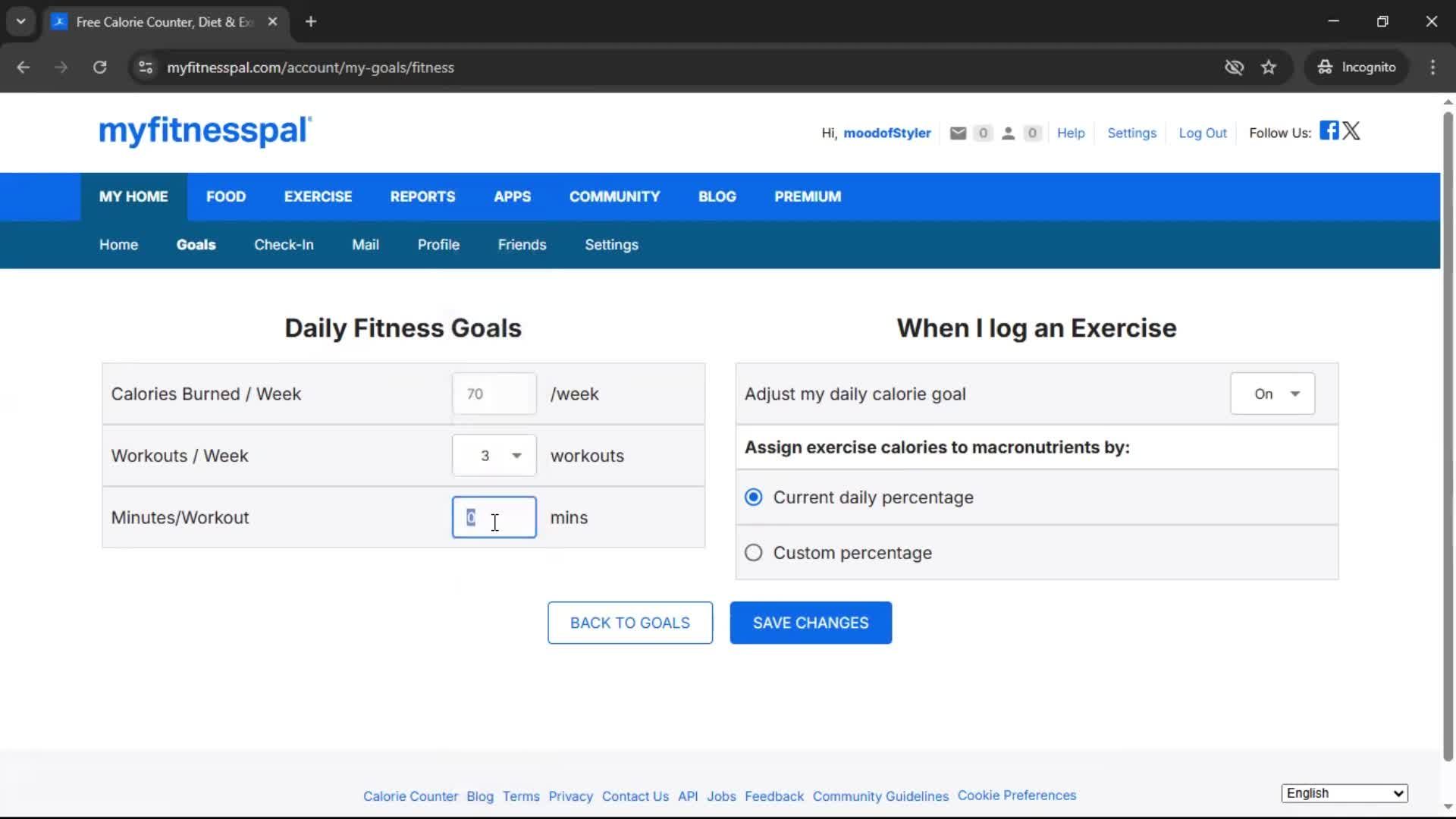 Setting goals screenshot