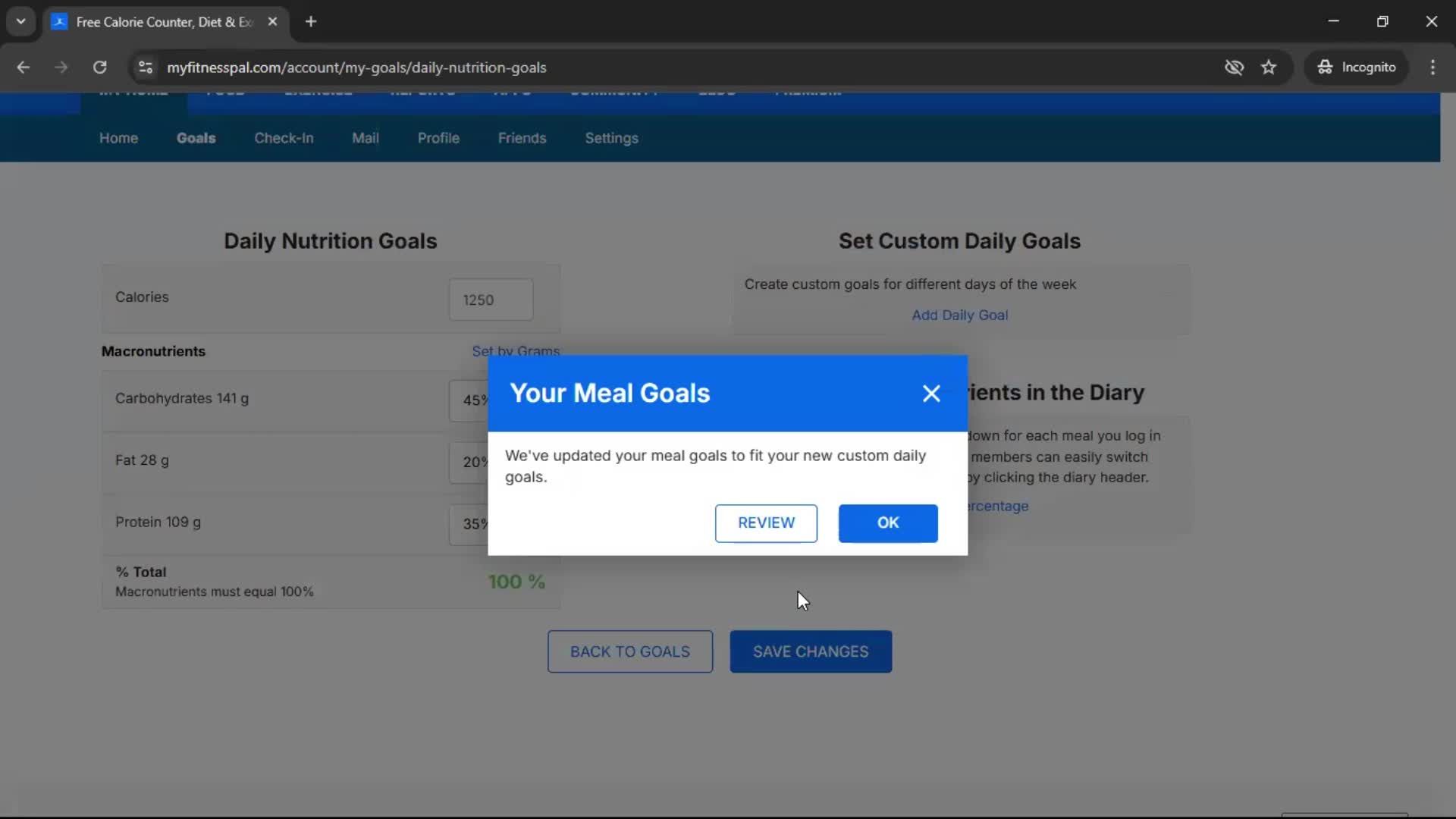 Setting goals screenshot