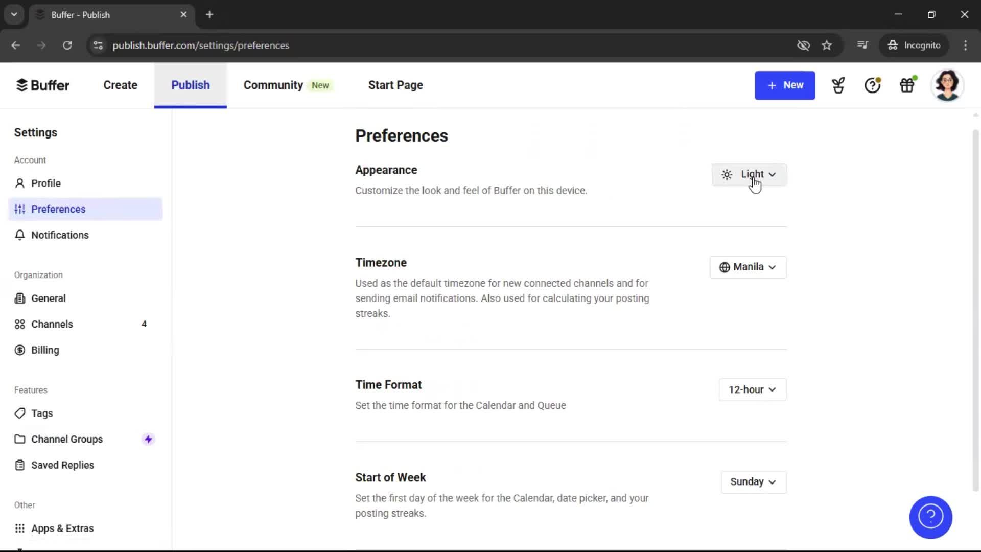Settings on Buffer video thumbnail