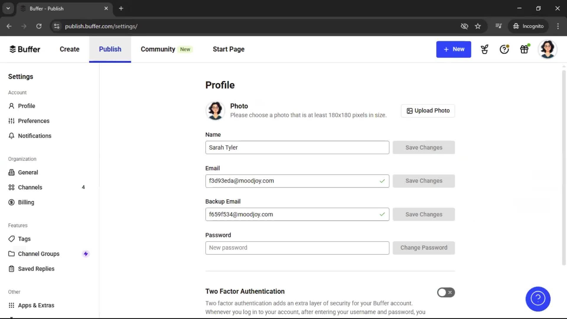 Settings on Buffer video thumbnail
