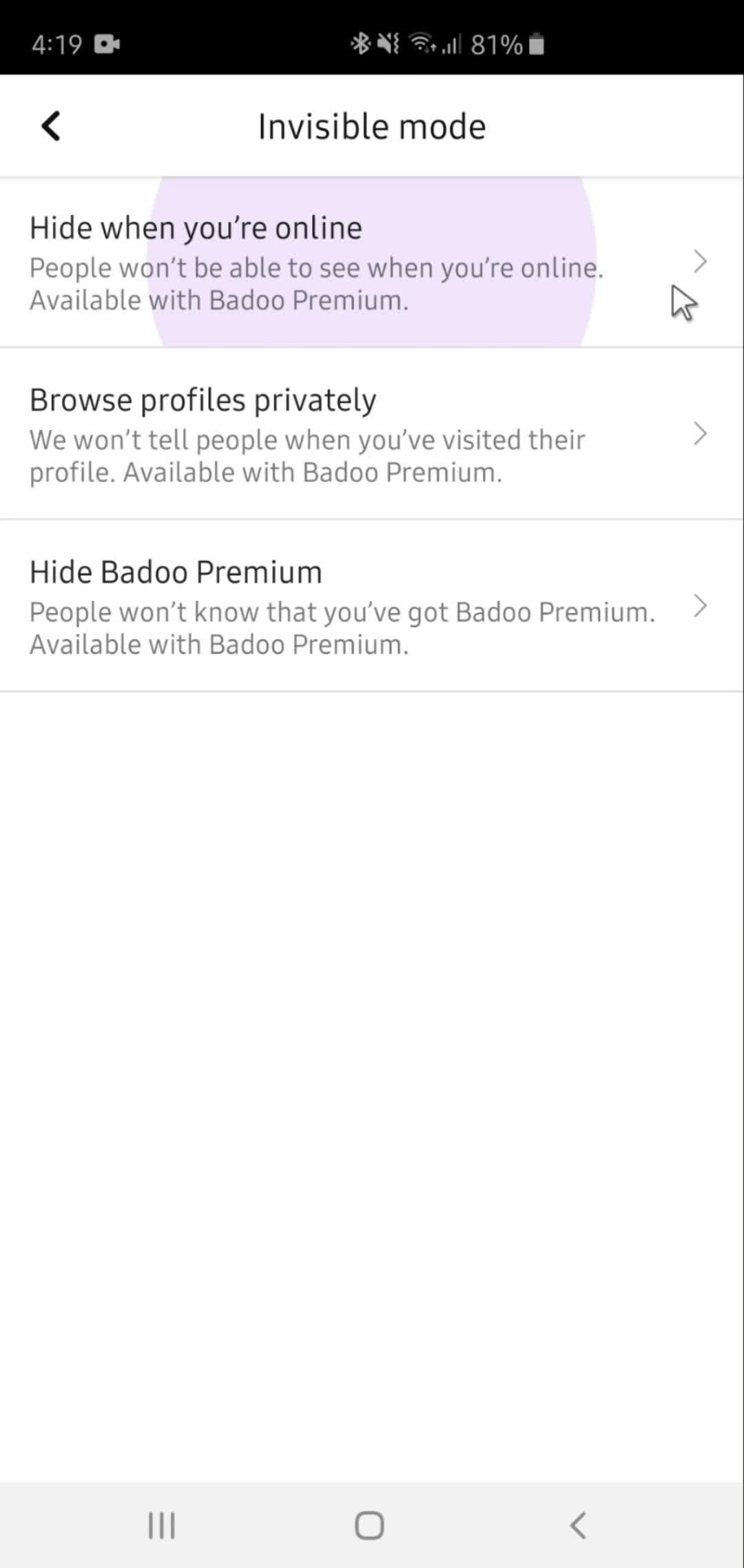 Settings on Badoo video thumbnail