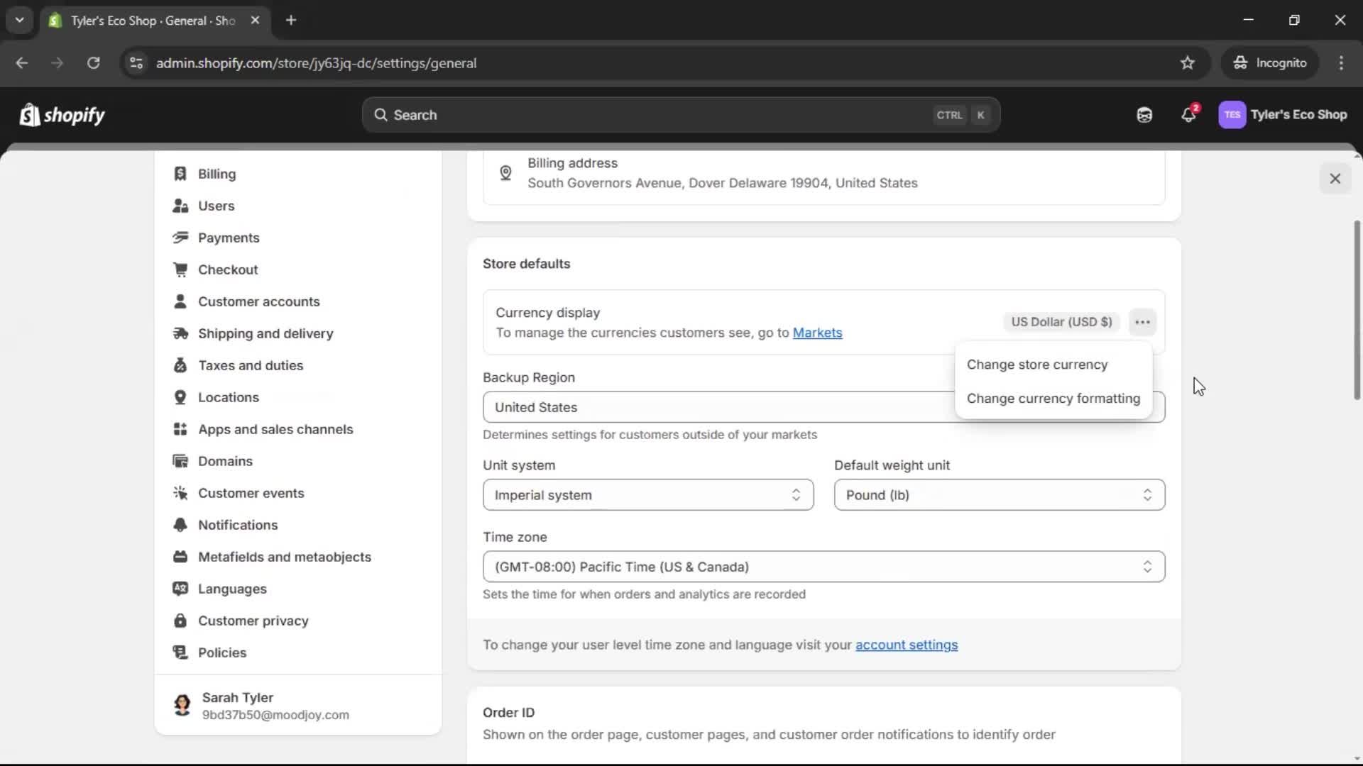 Settings on Shopify video thumbnail