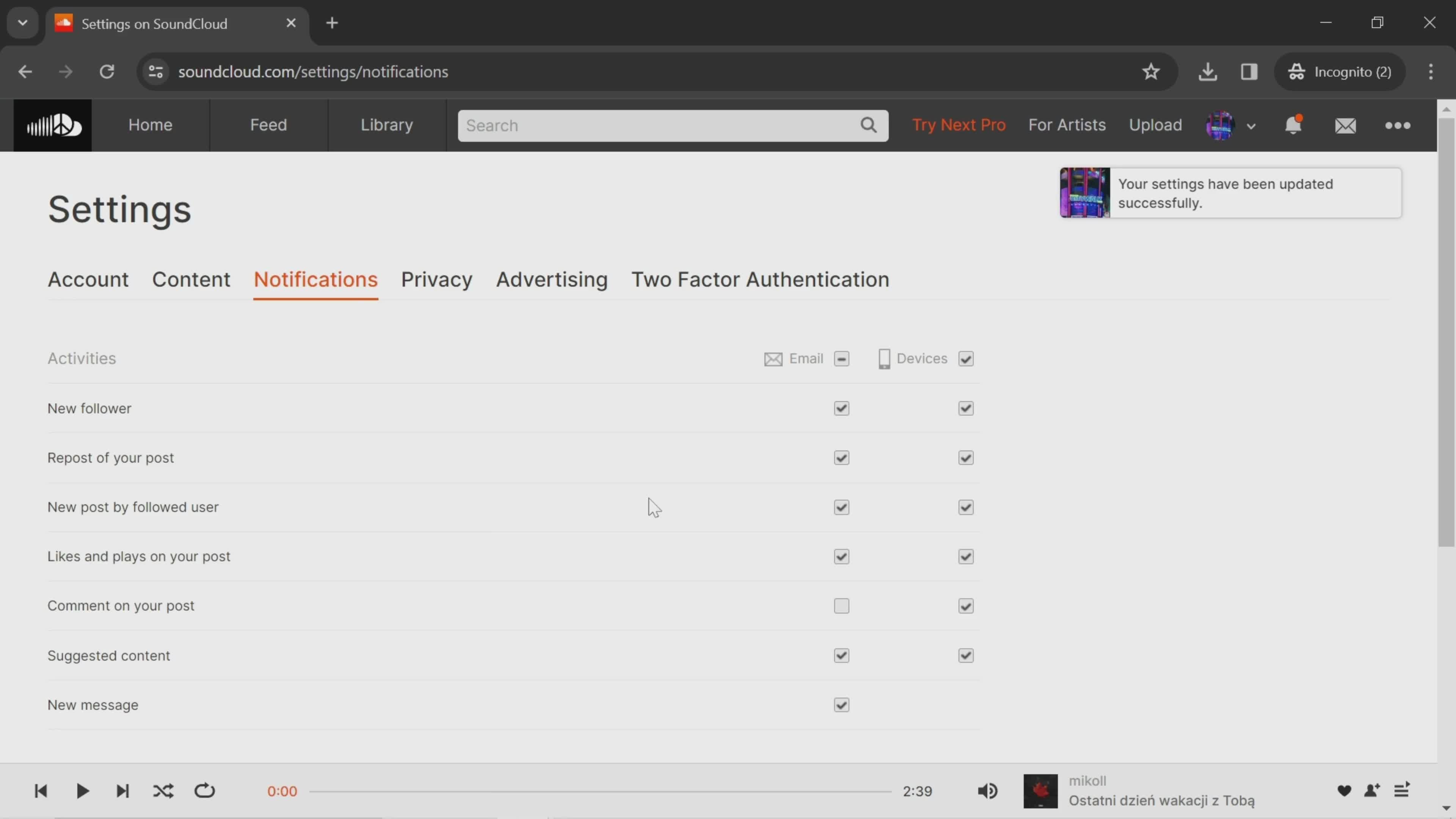 Settings on SoundCloud video thumbnail